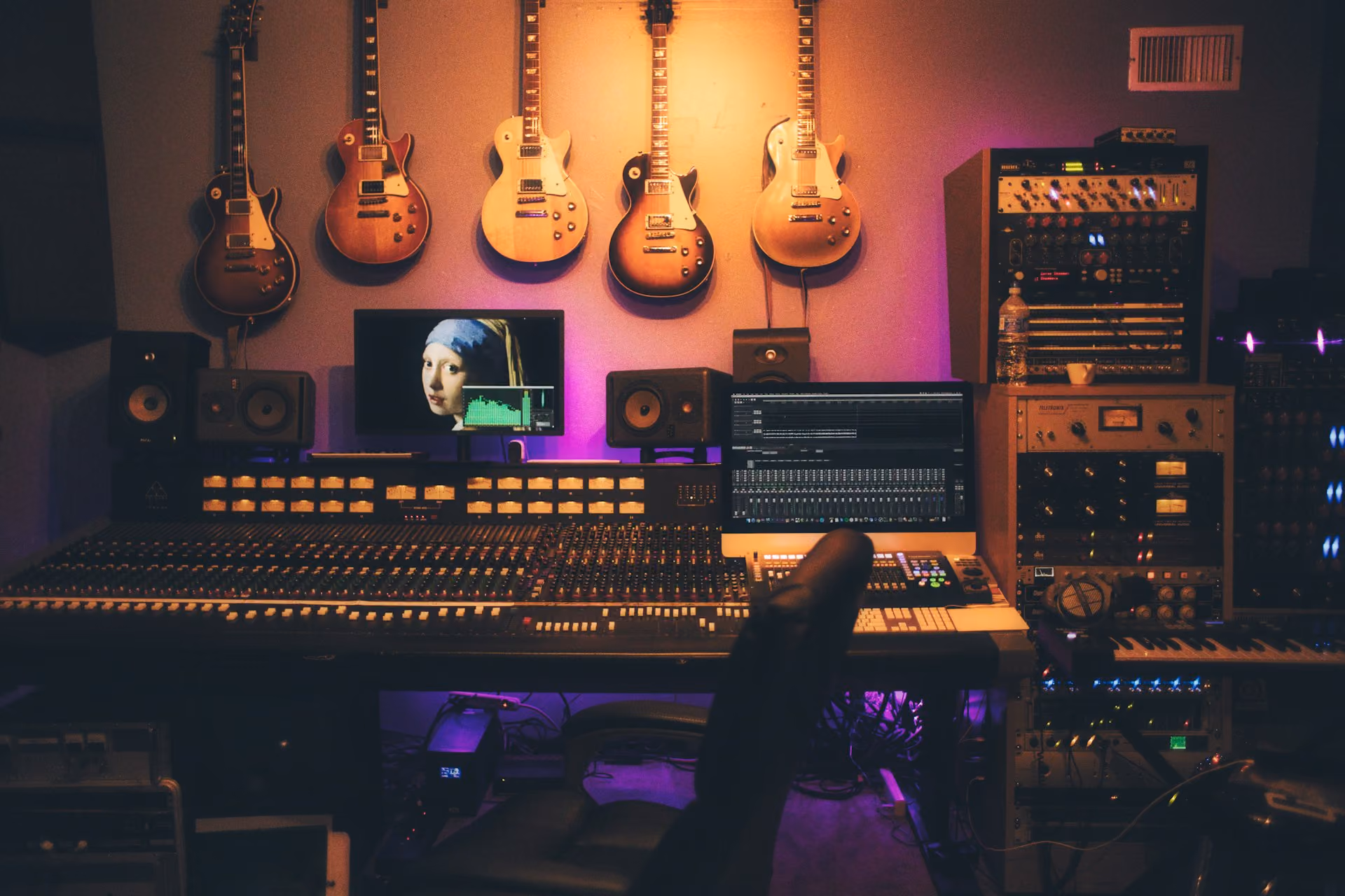 Recording studio control room with mixing desk and wall-mounted guitars