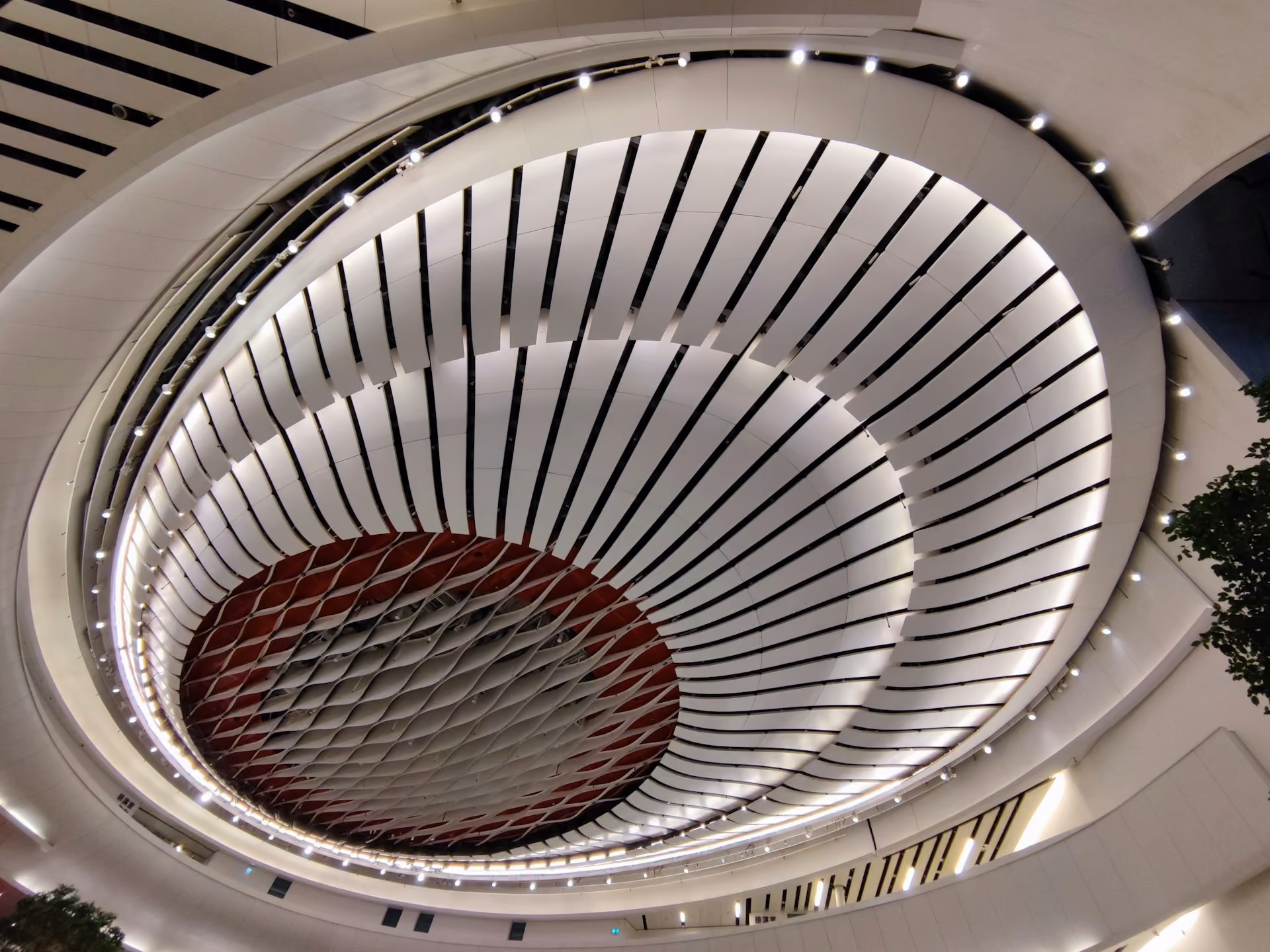 Spiral bespoke acoustic ceiling installation with white slats and lighting