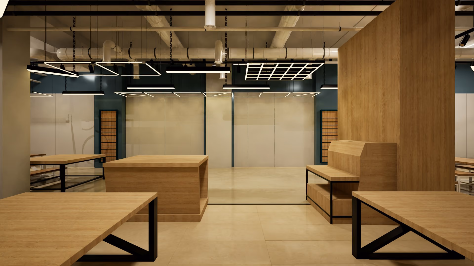 Minimal showroom interior with timber display tables and concrete walls