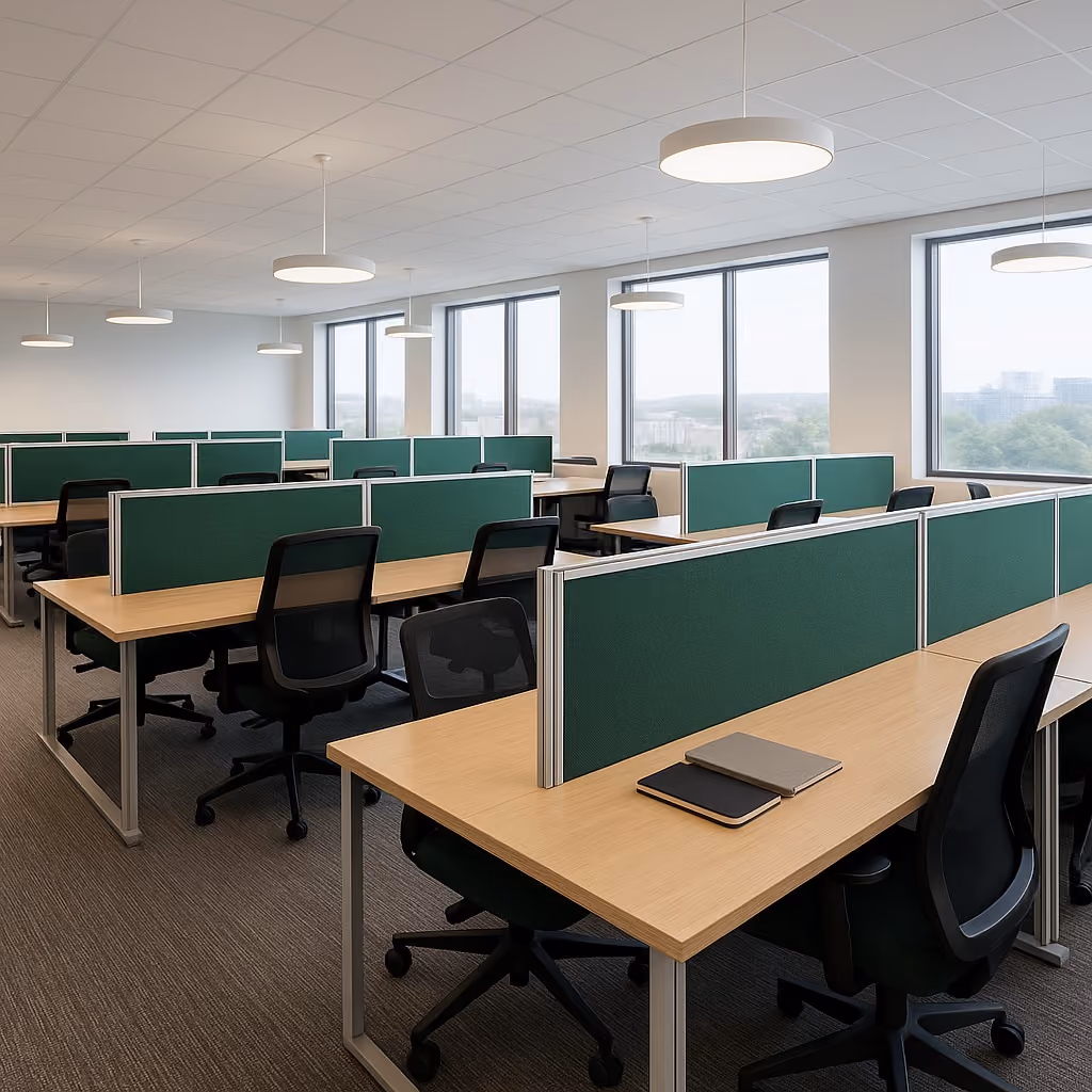 Fabric-wrapped acoustic screens positioned between office workstations