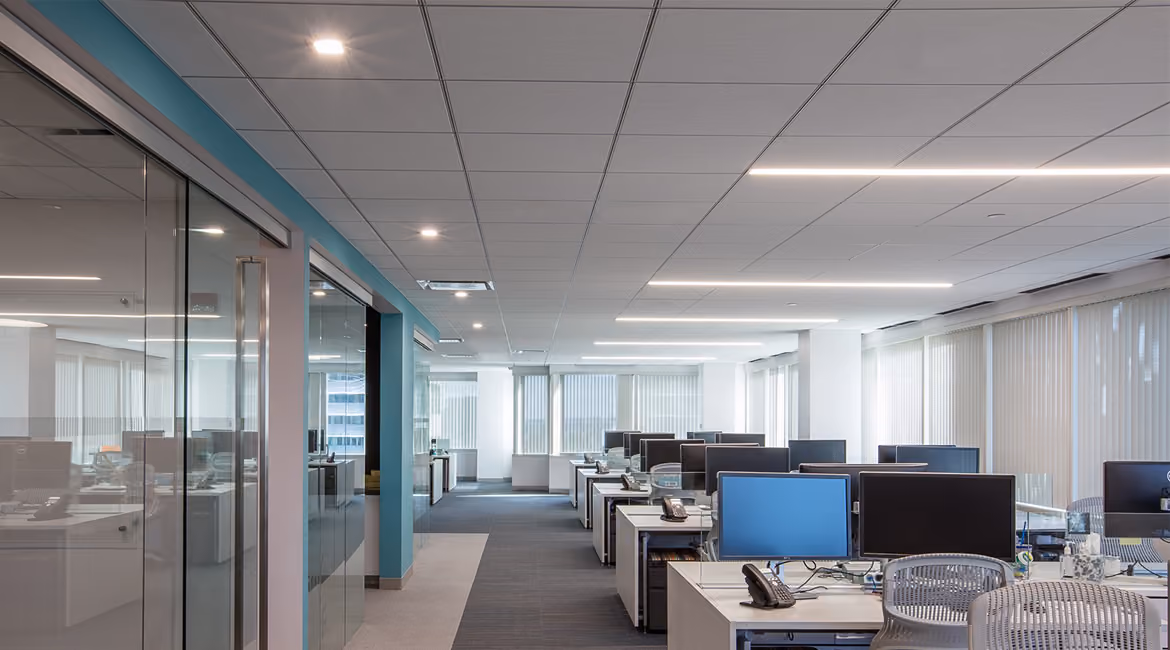 Acoustic ceiling system installed across a large open-plan interior