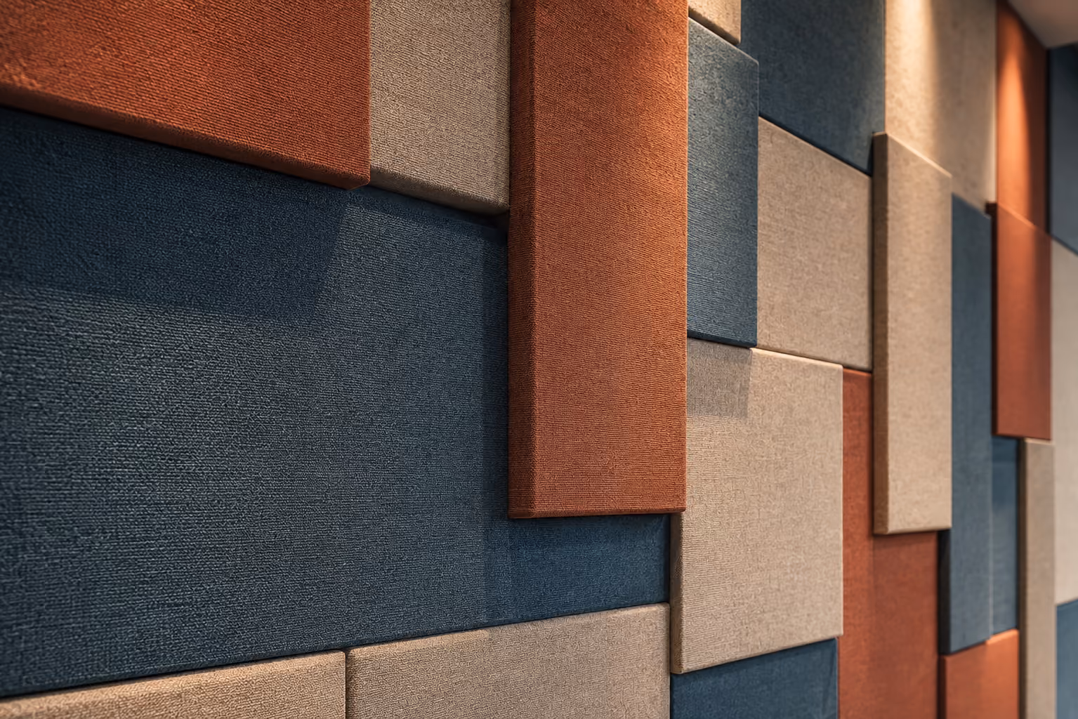 Close-up of fabric-wrapped acoustic panels in a modern interior