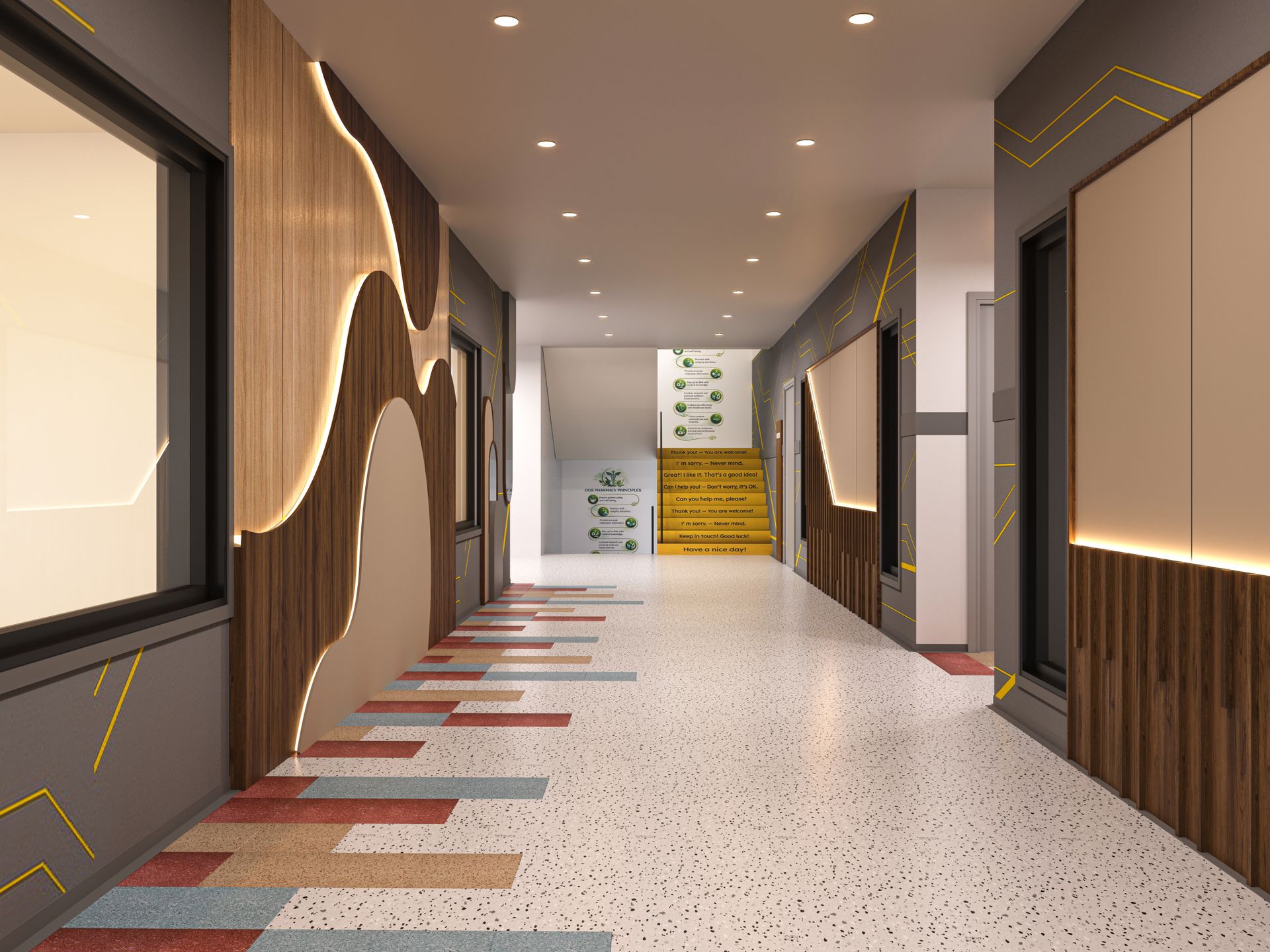 School hallway lined with curved timber acoustic wall panels and soft lighting