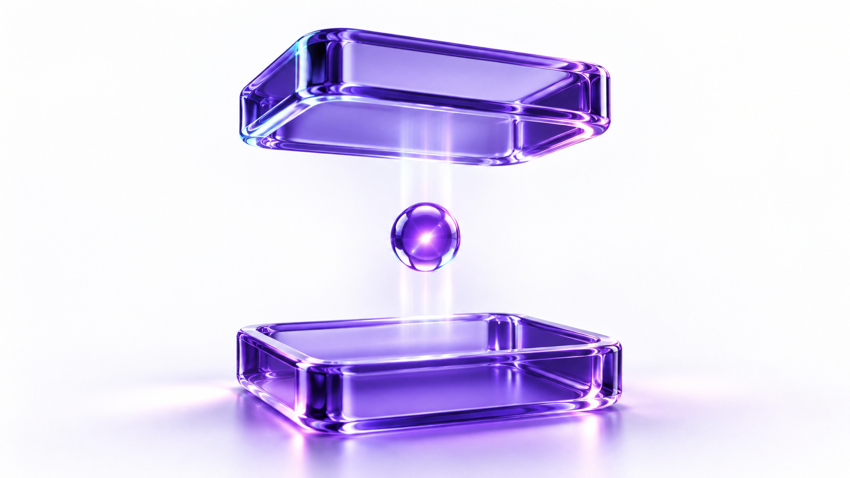 Translucent purple sphere floating between two rectangular glass blocks.