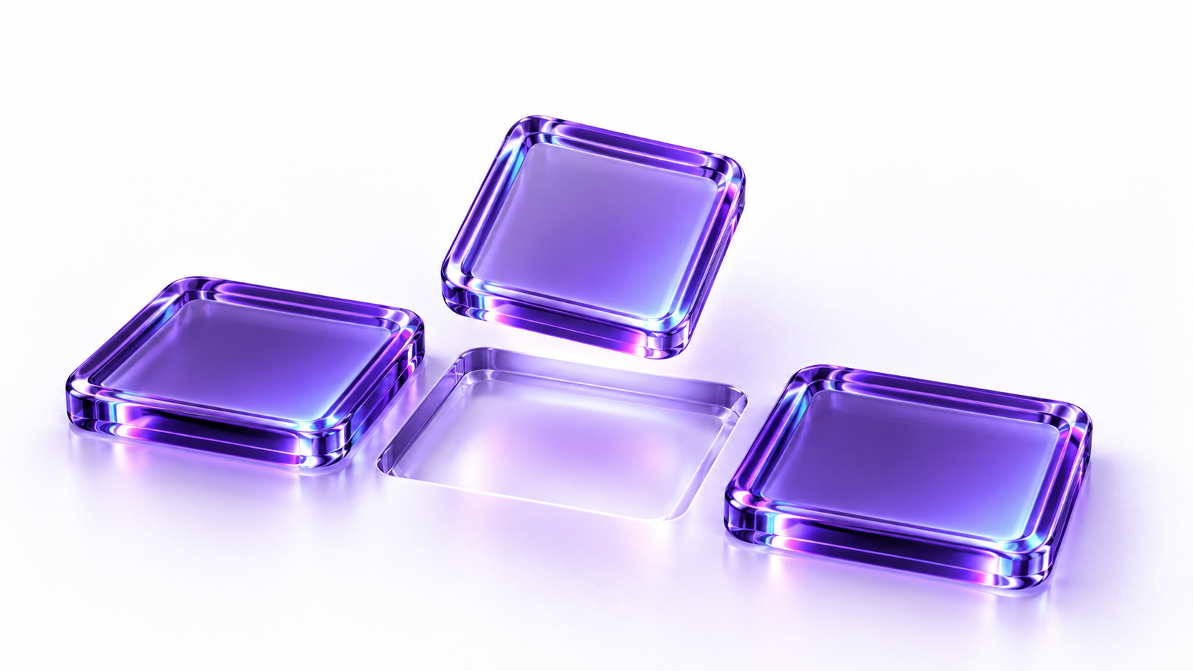 Three translucent purple glass squares with rounded edges arranged around an empty recessed square space on a white surface.