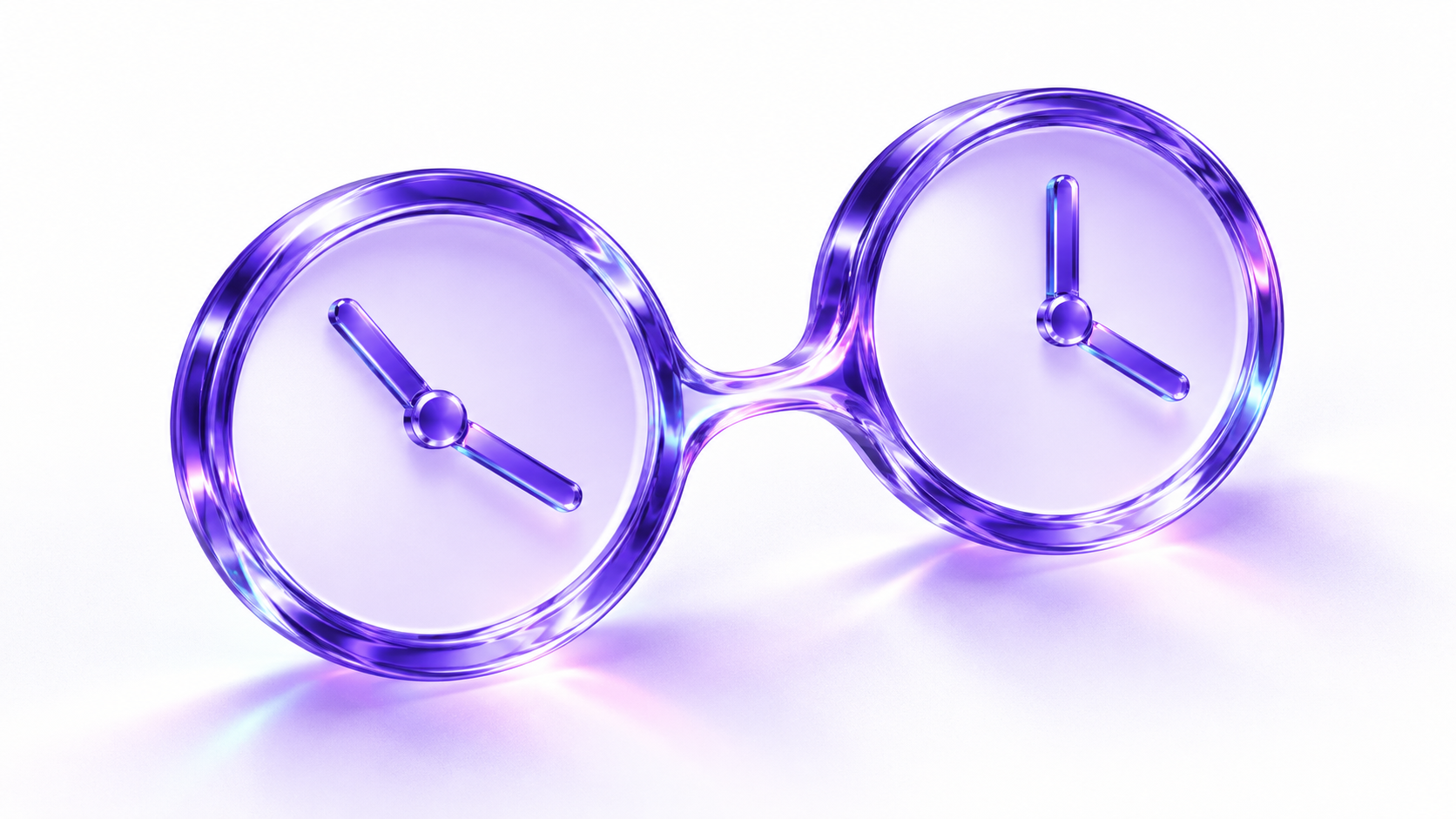 Two translucent purple glass clock faces connected side by side.