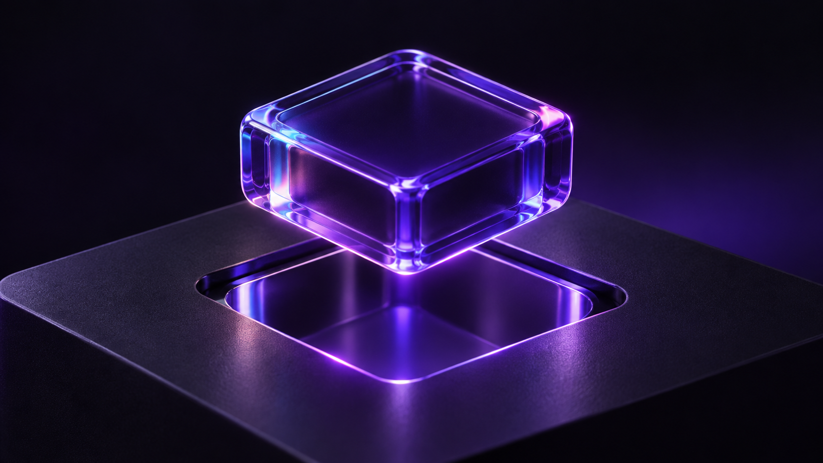 Glowing purple glass cube hovering above a square opening on a dark surface.