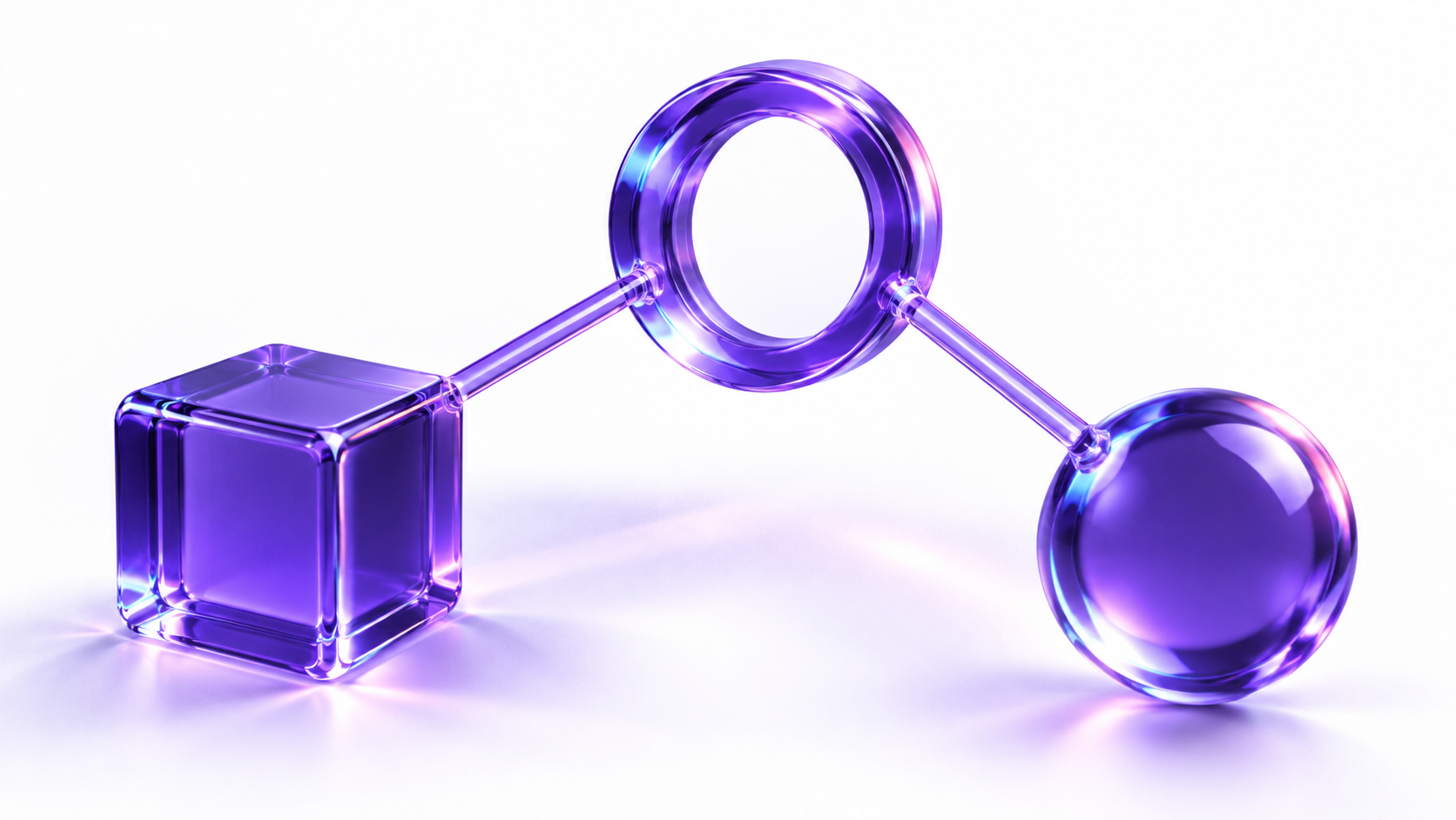 Purple glass cube, ring and sphere connected by narrow rods.