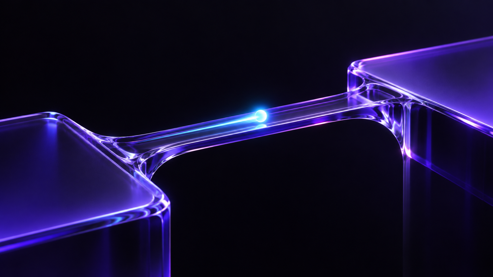 Transparent, futuristic bridge-like structure glowing purple connects two platforms with a glowing blue light sphere moving along the bridge against a black background.
