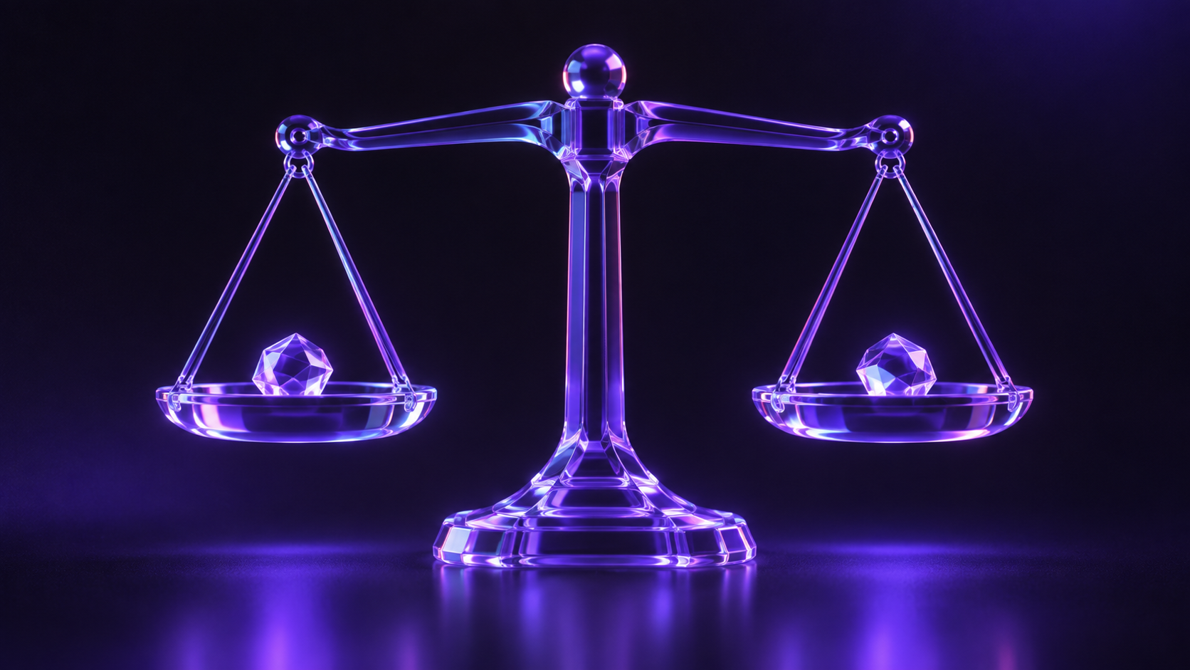 Balanced purple translucent glass scales with two small glass gems.