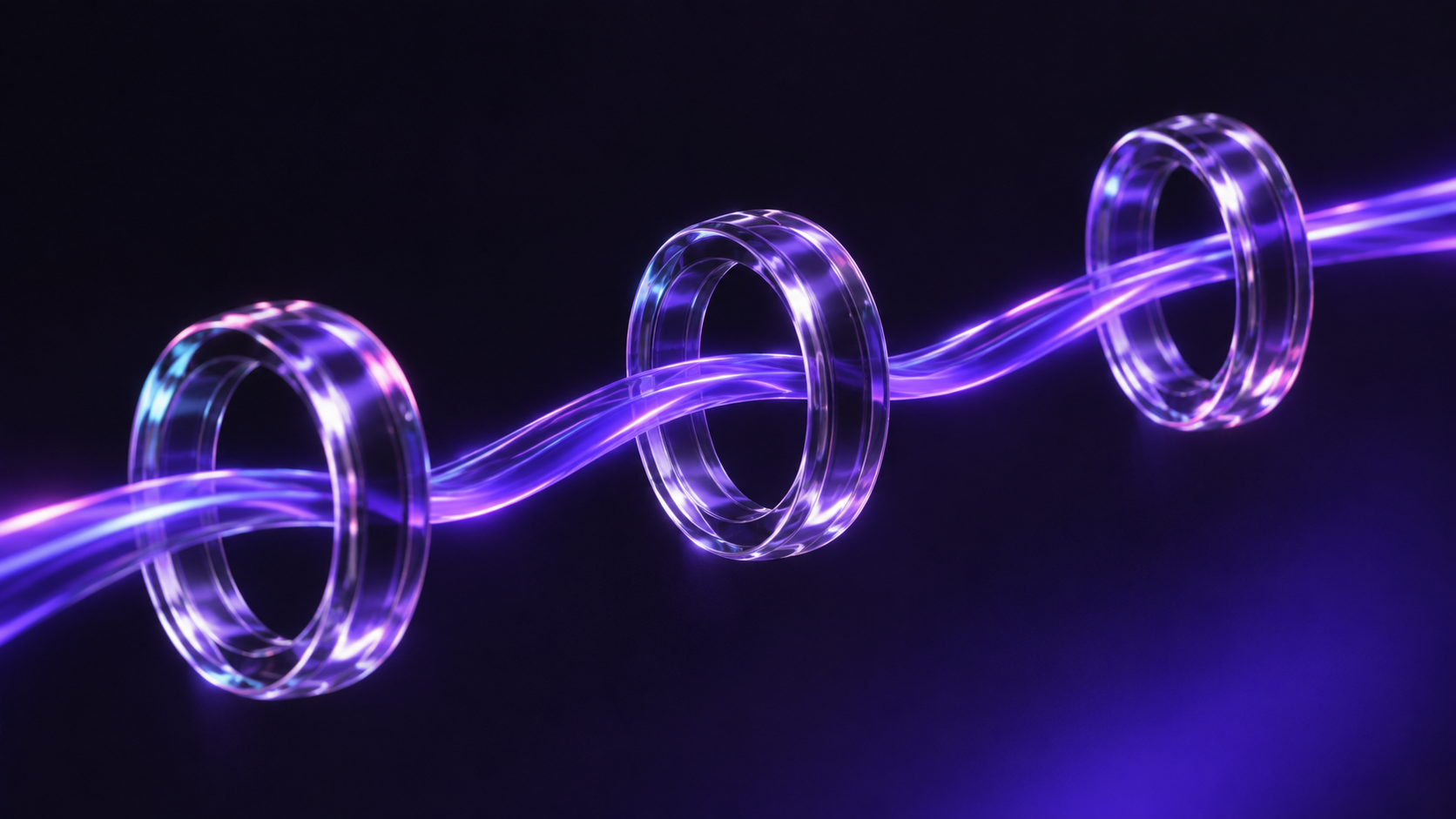 Glowing purple and blue glass thread passing through transparent rings on a dark background.