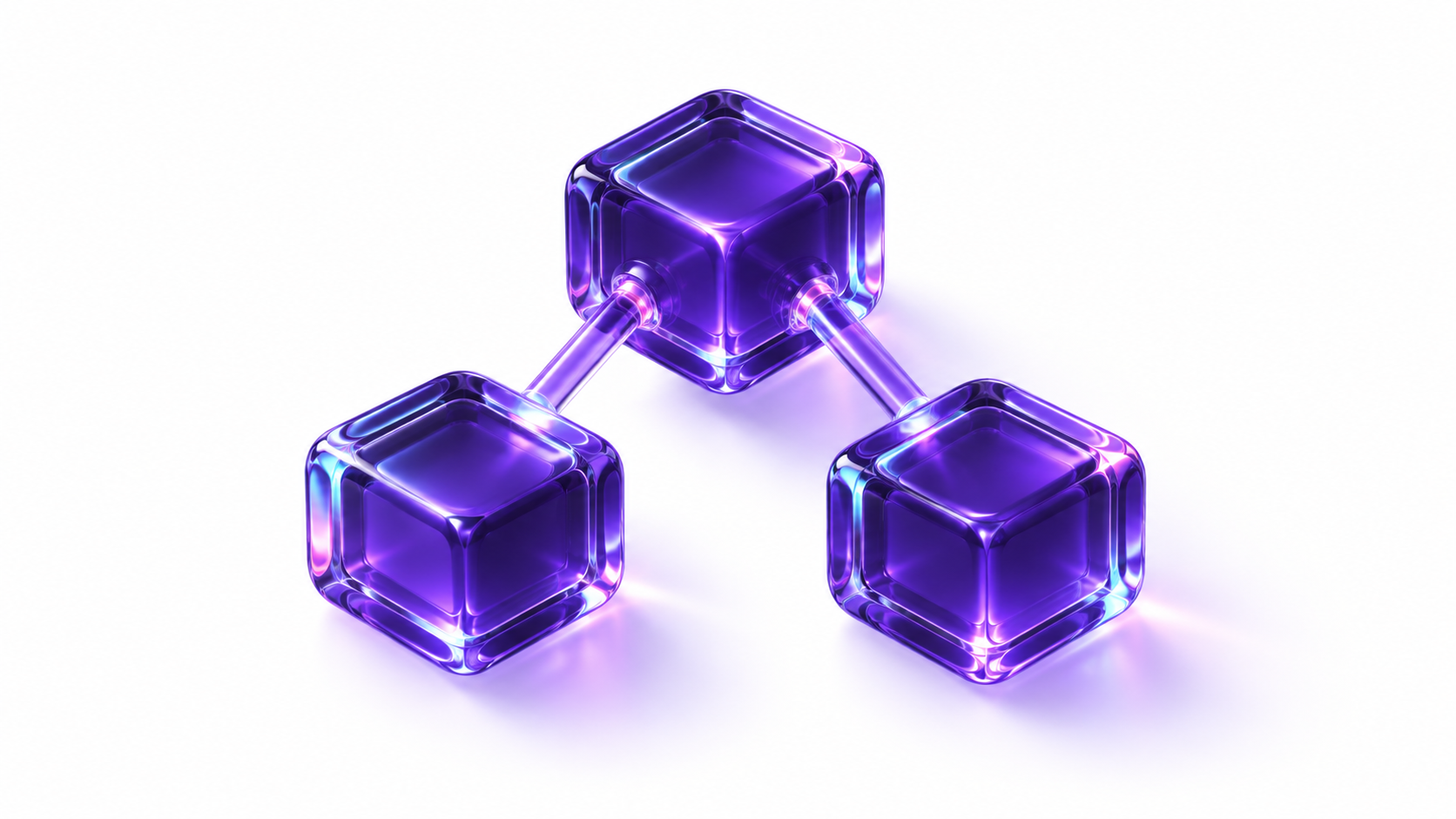Three translucent purple glass cubes connected by rods on a white background.