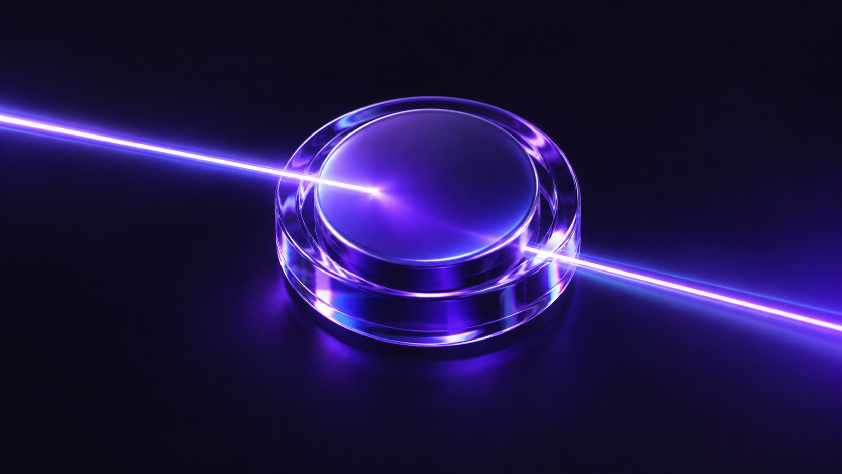 Purple light passing through a transparent circular glass lens.