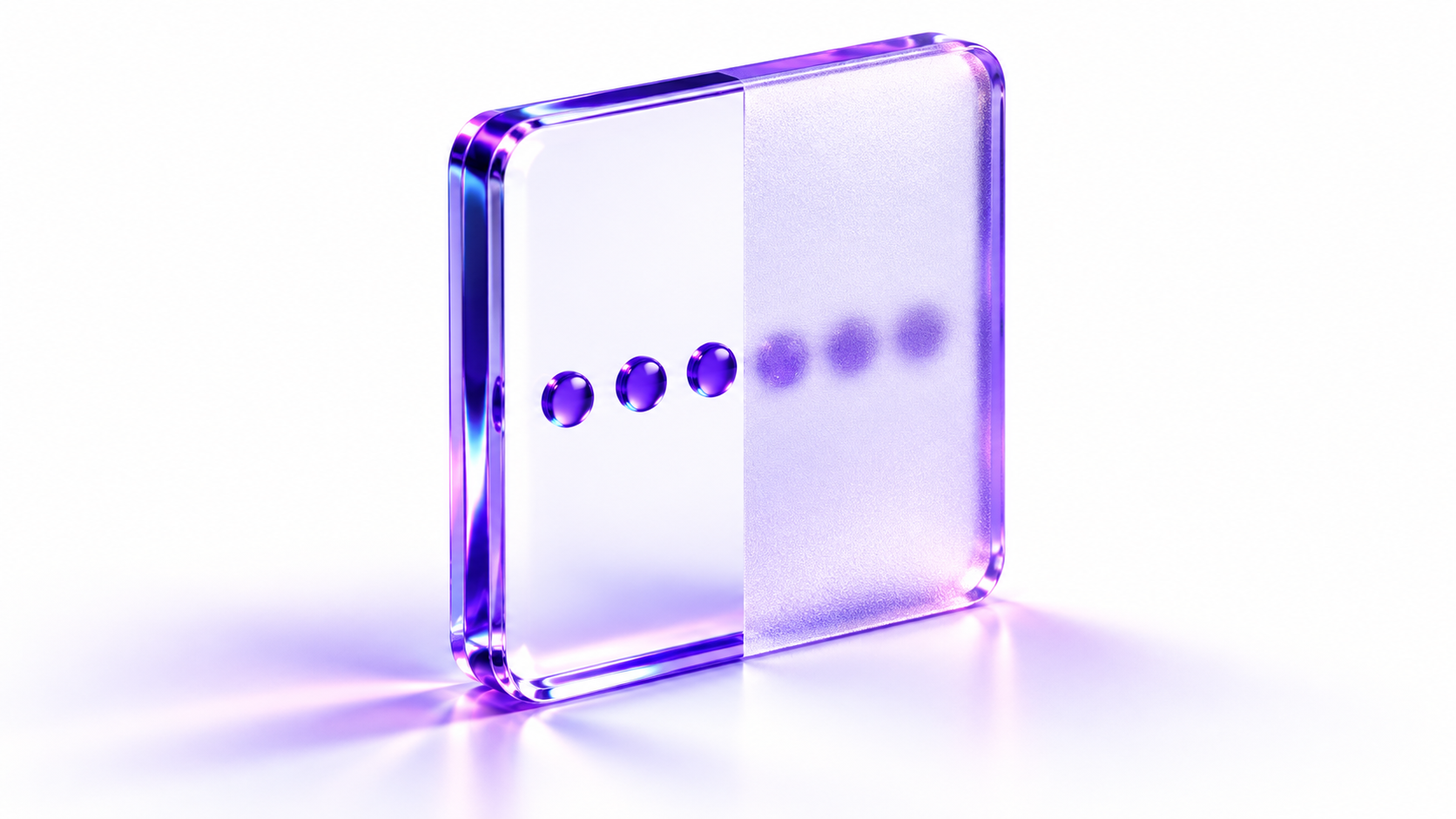 Transparent glass panel with a row of glowing purple spheres.