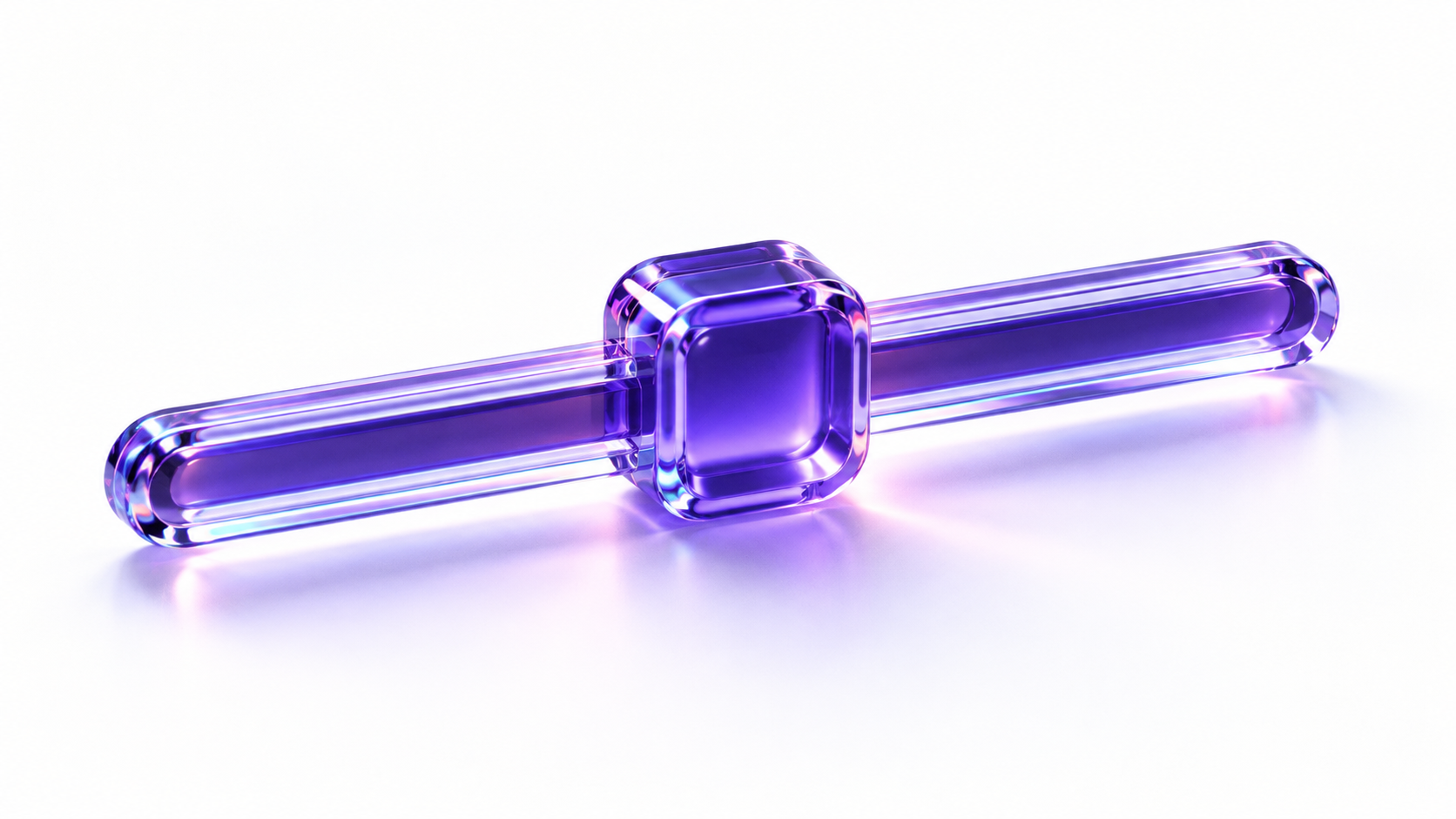 Purple translucent glass cube connecting two long glass rods on a white background.