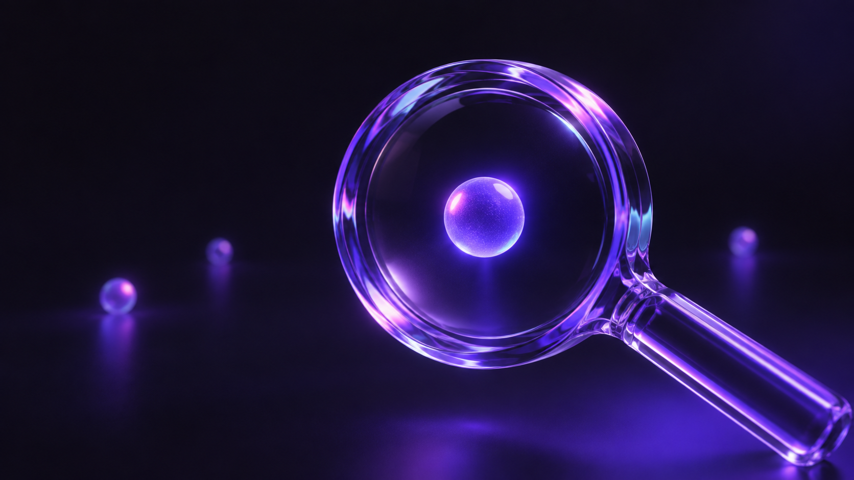 Purple glass magnifying lens framing a glowing sphere against a dark background.