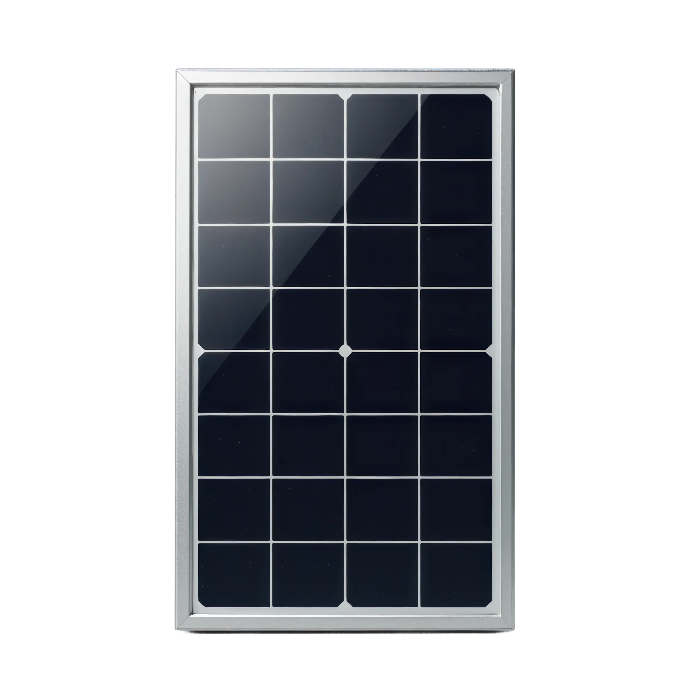 Rectangular solar panel with 32 dark blue cells framed in silver on a black background.