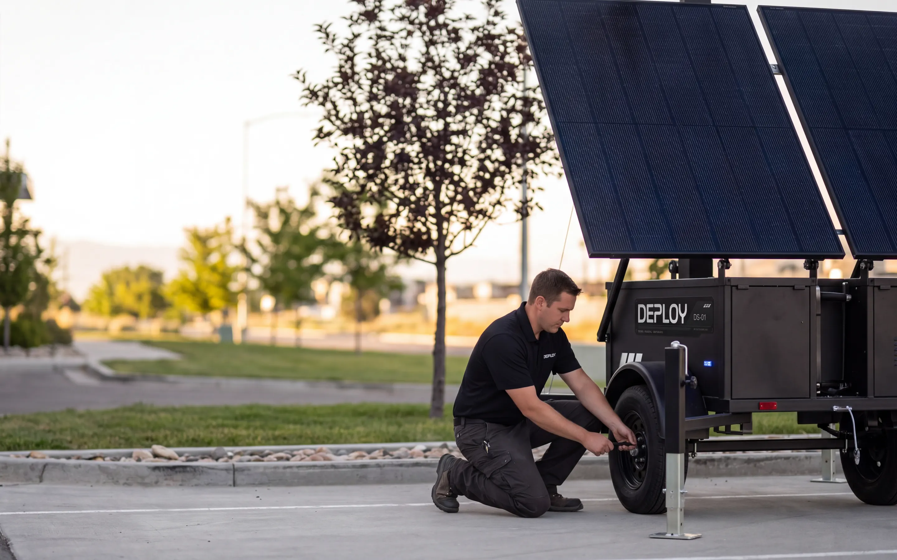 Deploy technician setting up a surveillance trailer