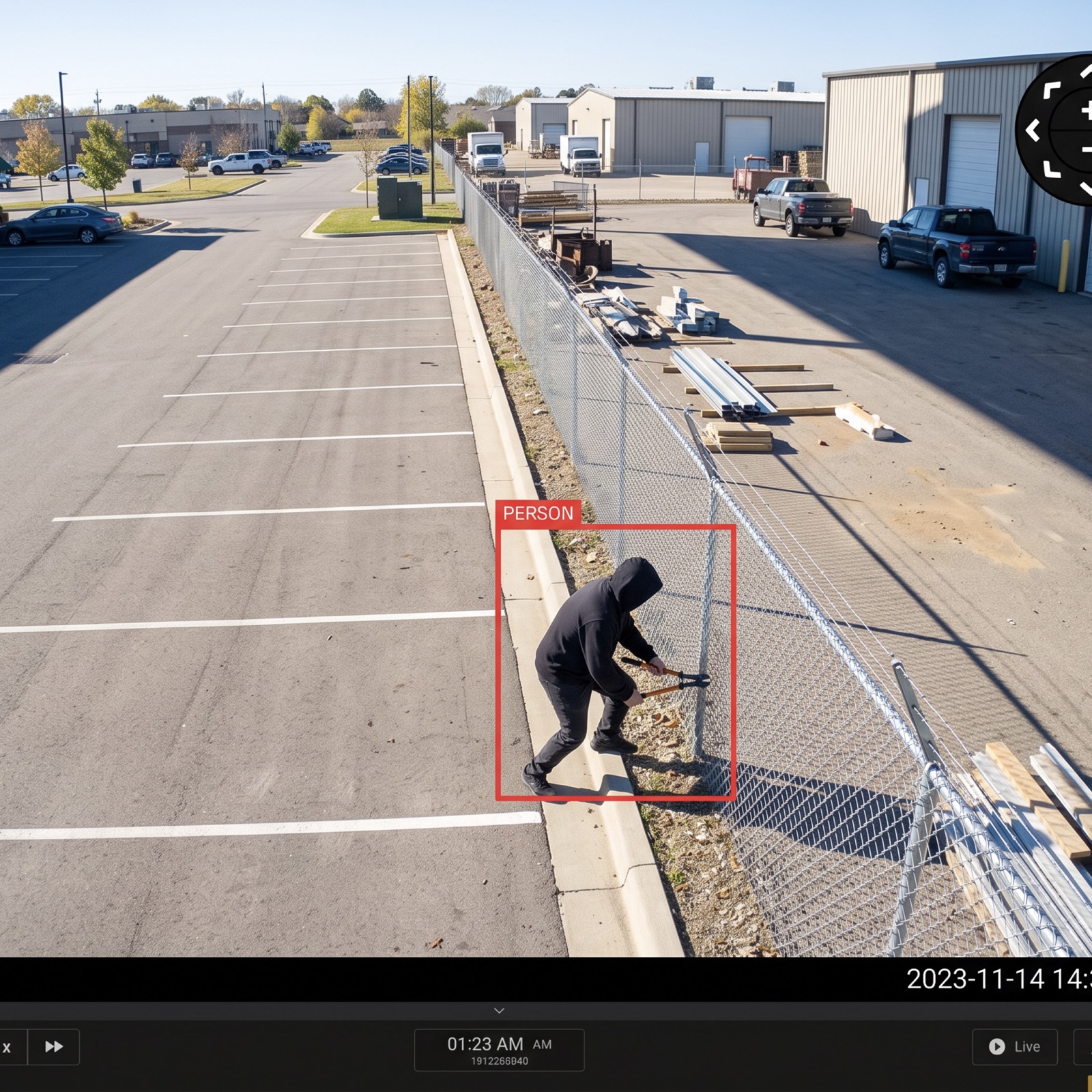 Daytime footage of a hooded figure cutting through a perimeter fence, flagged by a red box labelled “PERSON”.