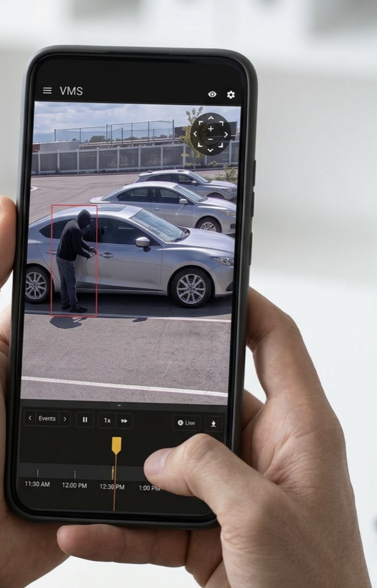 The same recorded event open on a phone held in front of the desktop console.