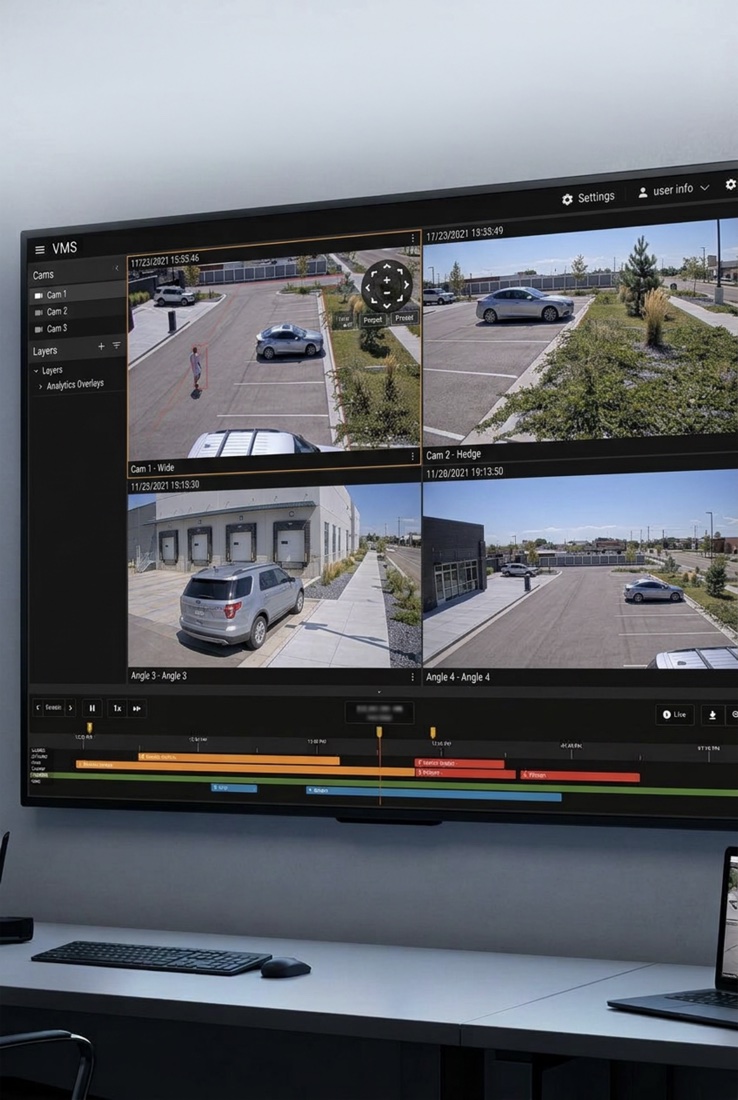 The management console showing four camera feeds side by side, with an event timeline along the bottom.
