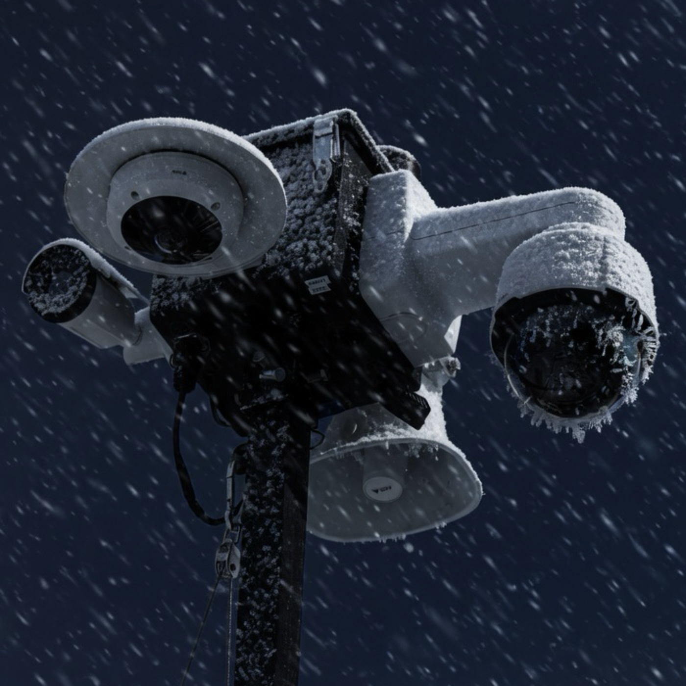 The camera head caked in snow and ice, still operating through heavy snowfall.