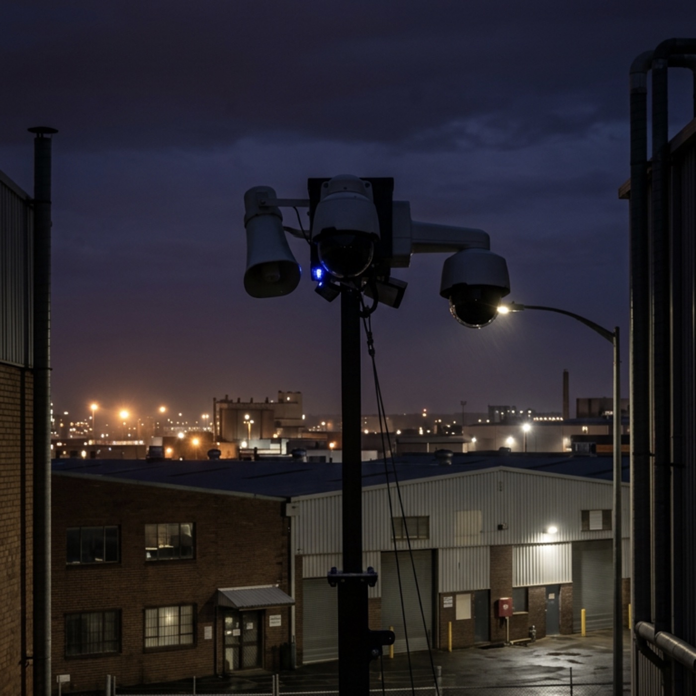 The camera head on a raised mast at dusk, blue beacon lit, overlooking an industrial yard and distant city lights.
