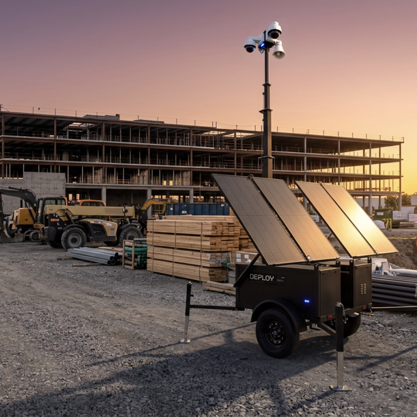 A Deploy unit with its solar panels angled to the sun on a construction site at sunrise, beside a steel-frame building.