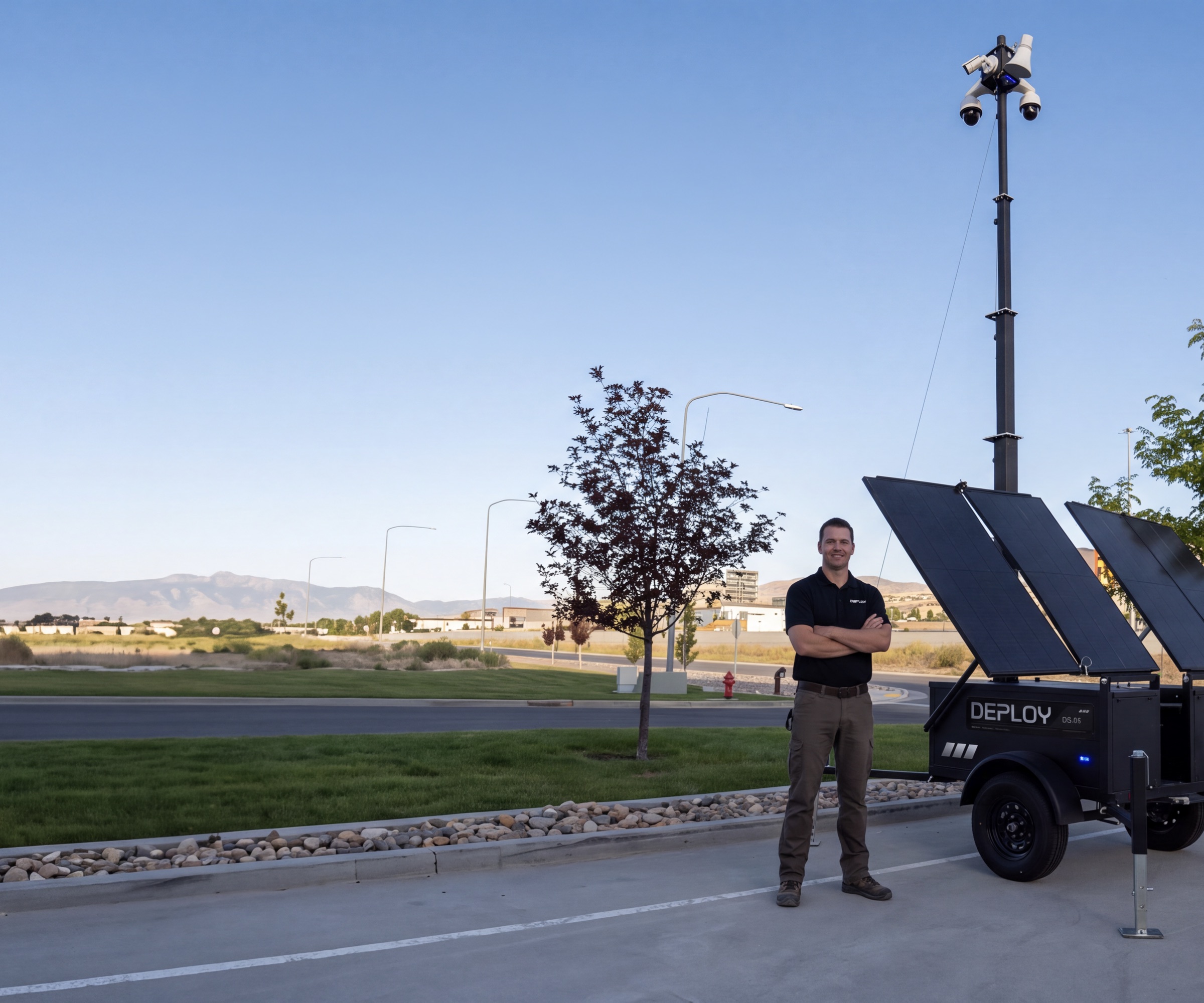 A Deploy technician standing beside a deployed unit at the roadside, its mast fully raised.