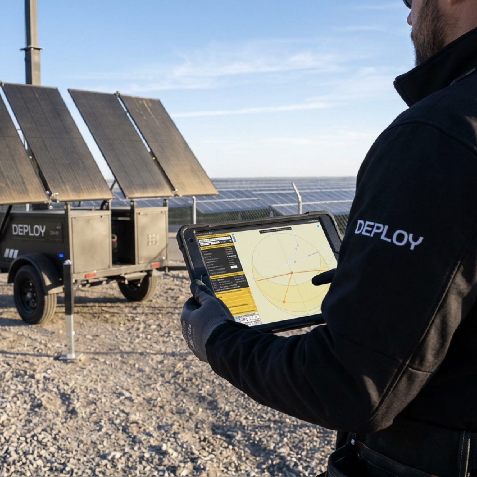 A technician checking coverage on a rugged tablet, with a deployed unit and a solar farm behind.