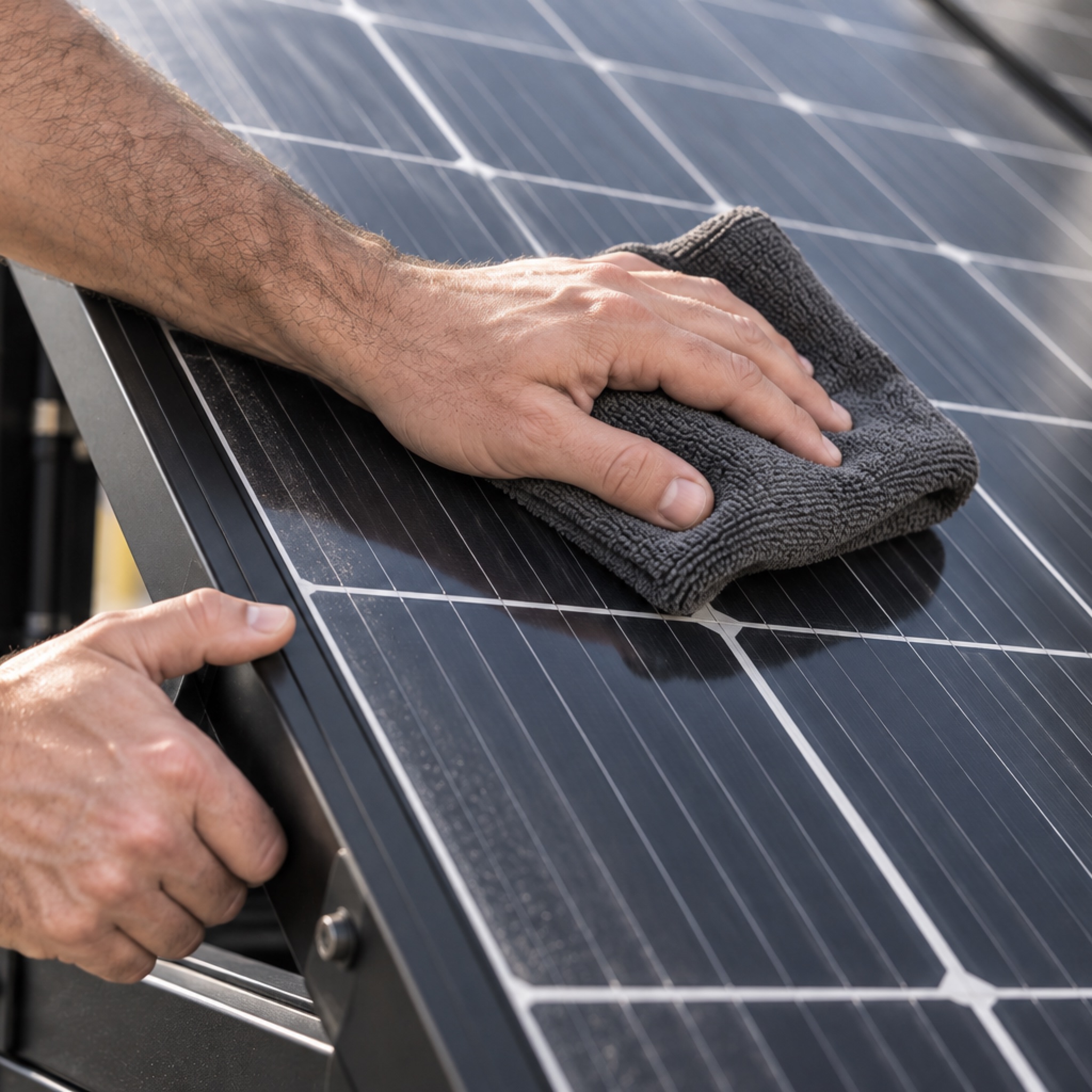 Two hands cleaning a solar panel with a microfibre cloth.
