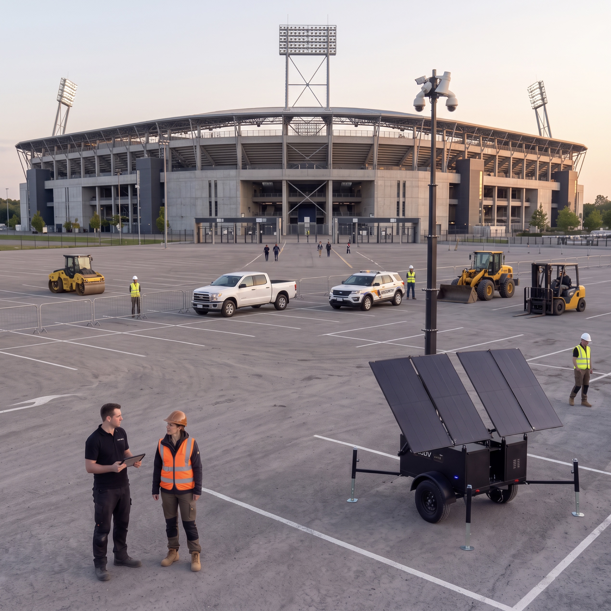 Two Deploy staff talking beside a unit deployed in a stadium car park, with works vehicles and plant behind them.