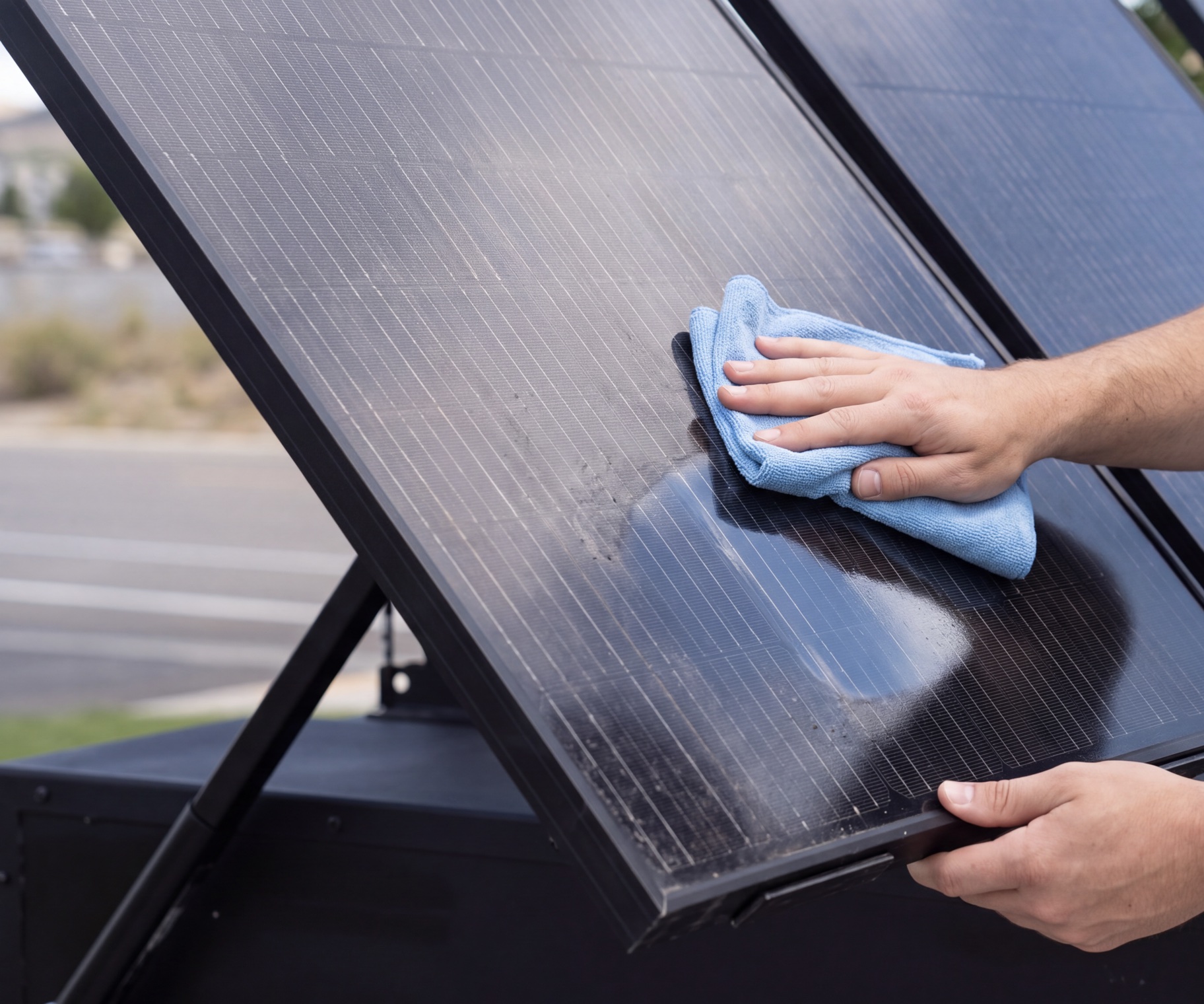 A hand wiping dust from one of the unit's solar panels with a cloth.