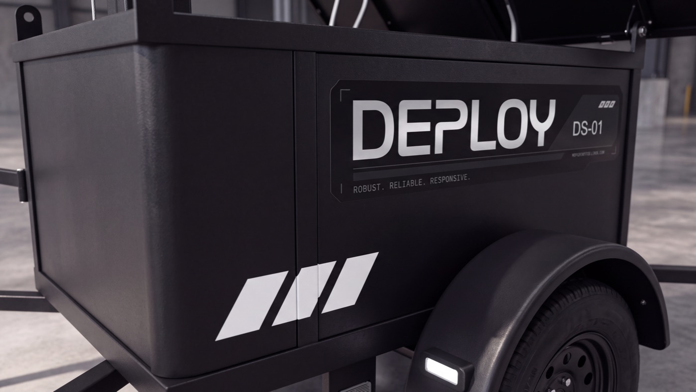 The trailer body close up, branded “DEPLOY DS-01” with the line “robust, reliable, responsive”.