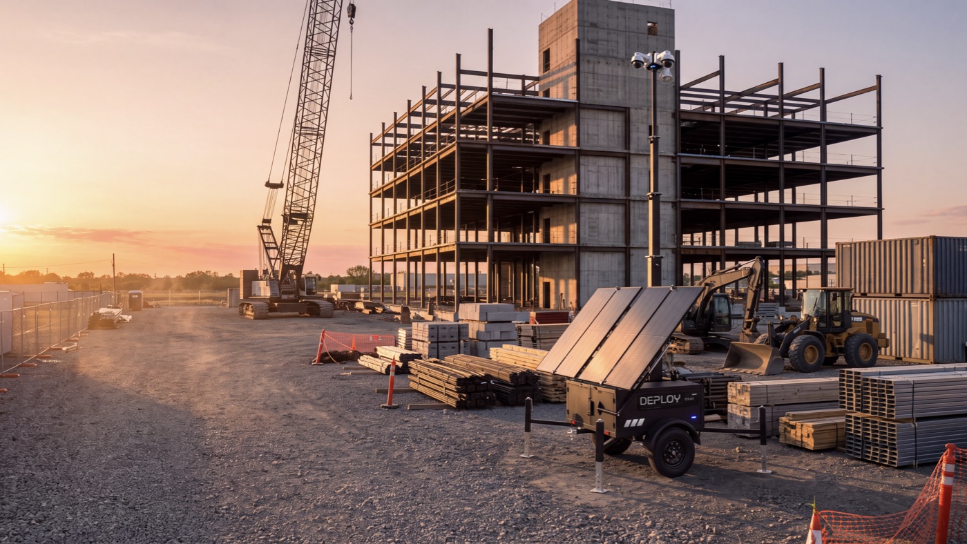 A unit on an active construction site at sunrise, a tower crane and part-built frame behind it.