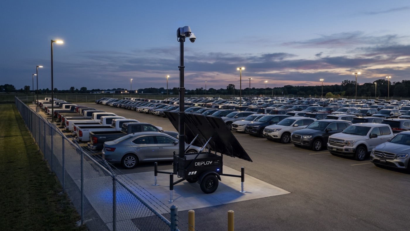 A unit on the fence line of a dealership lot at dusk, overlooking rows of new vehicles.