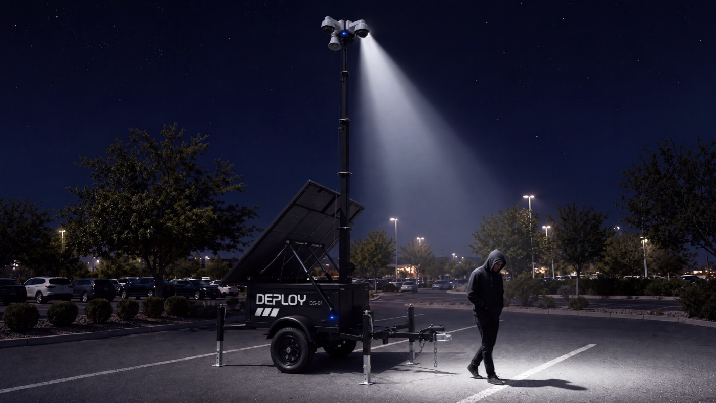 A unit lighting a retail car park at night, a lone figure walking through the beam.