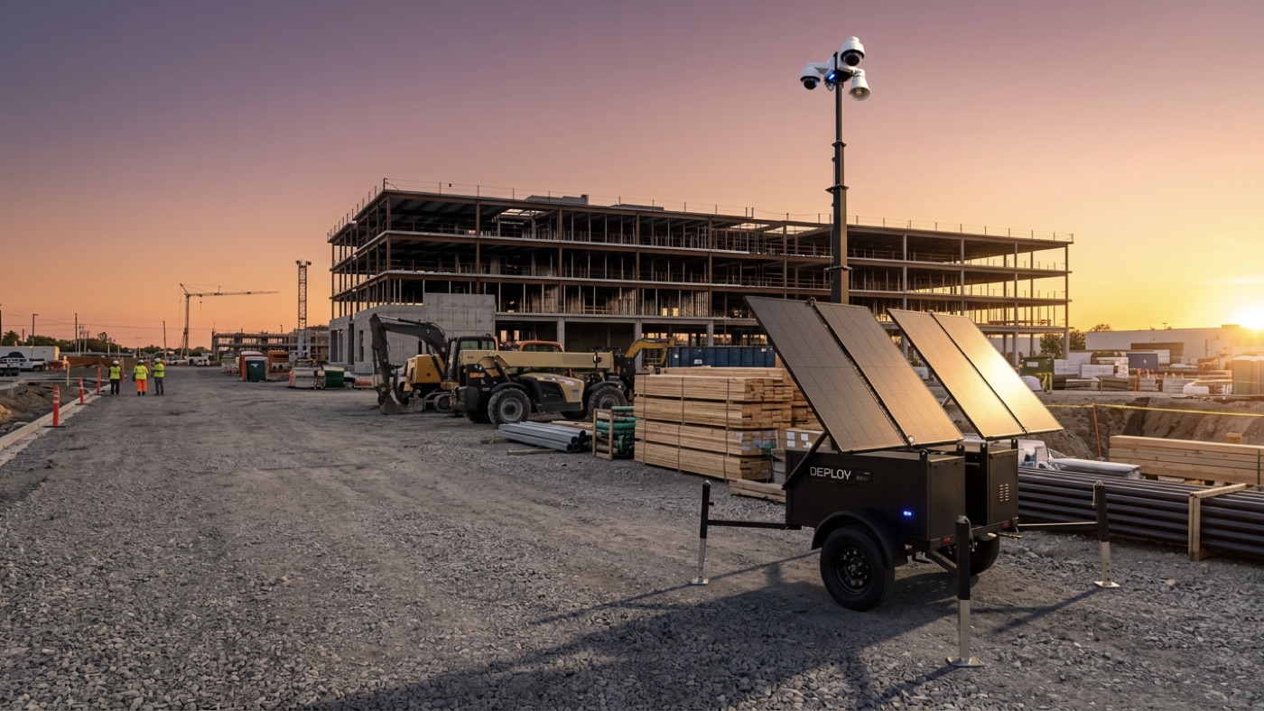A unit beside stacked materials on a construction site at sunset, with a multi-storey frame going up.