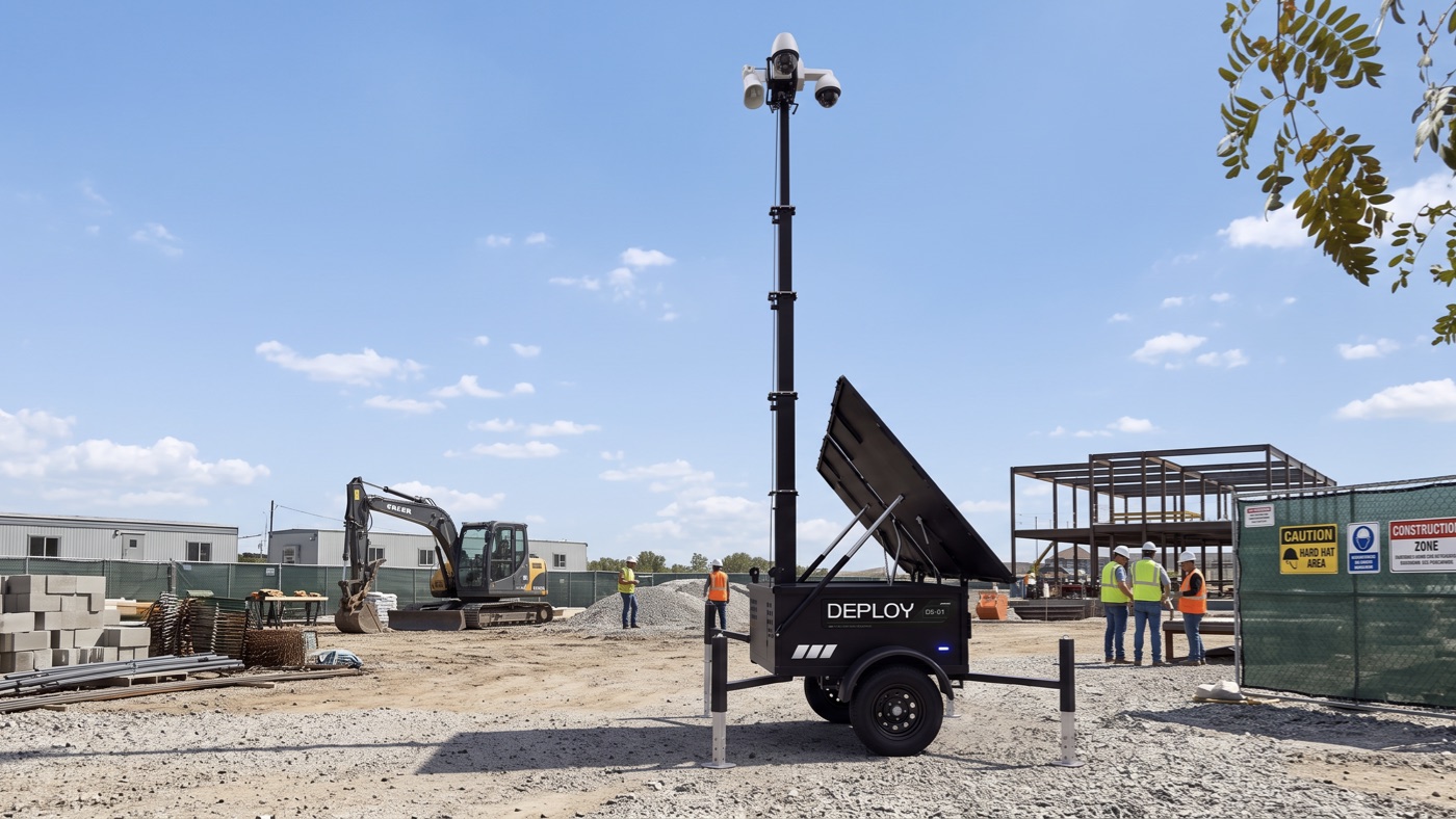 A unit with its mast fully extended on a working site, an excavator and crew in hi-vis nearby.