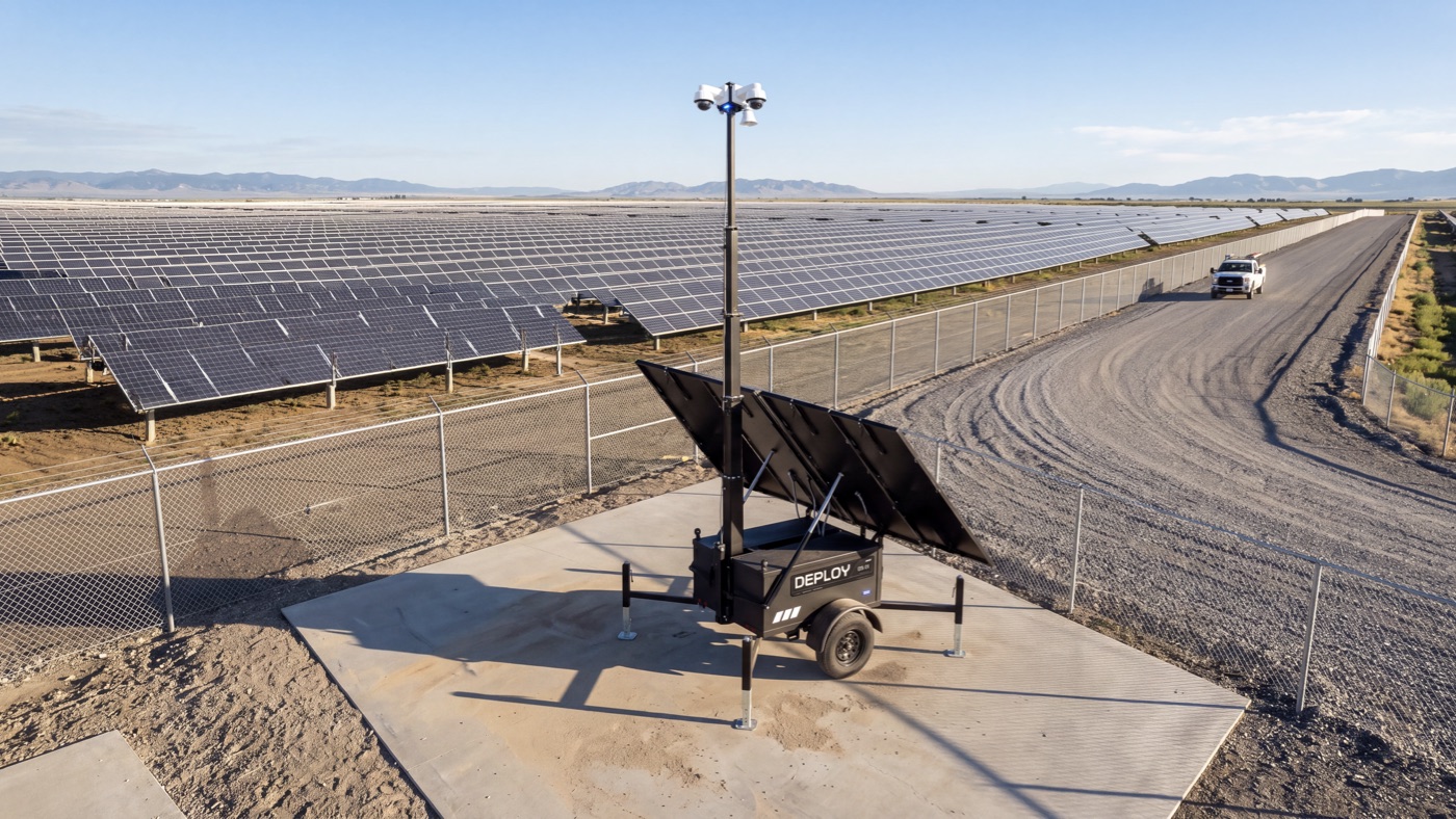 A unit on a concrete pad at a utility-scale solar farm, rows of panels running to the hills.