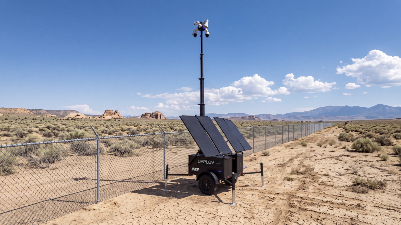 A unit behind a perimeter fence in open desert, with red rock country in the distance.