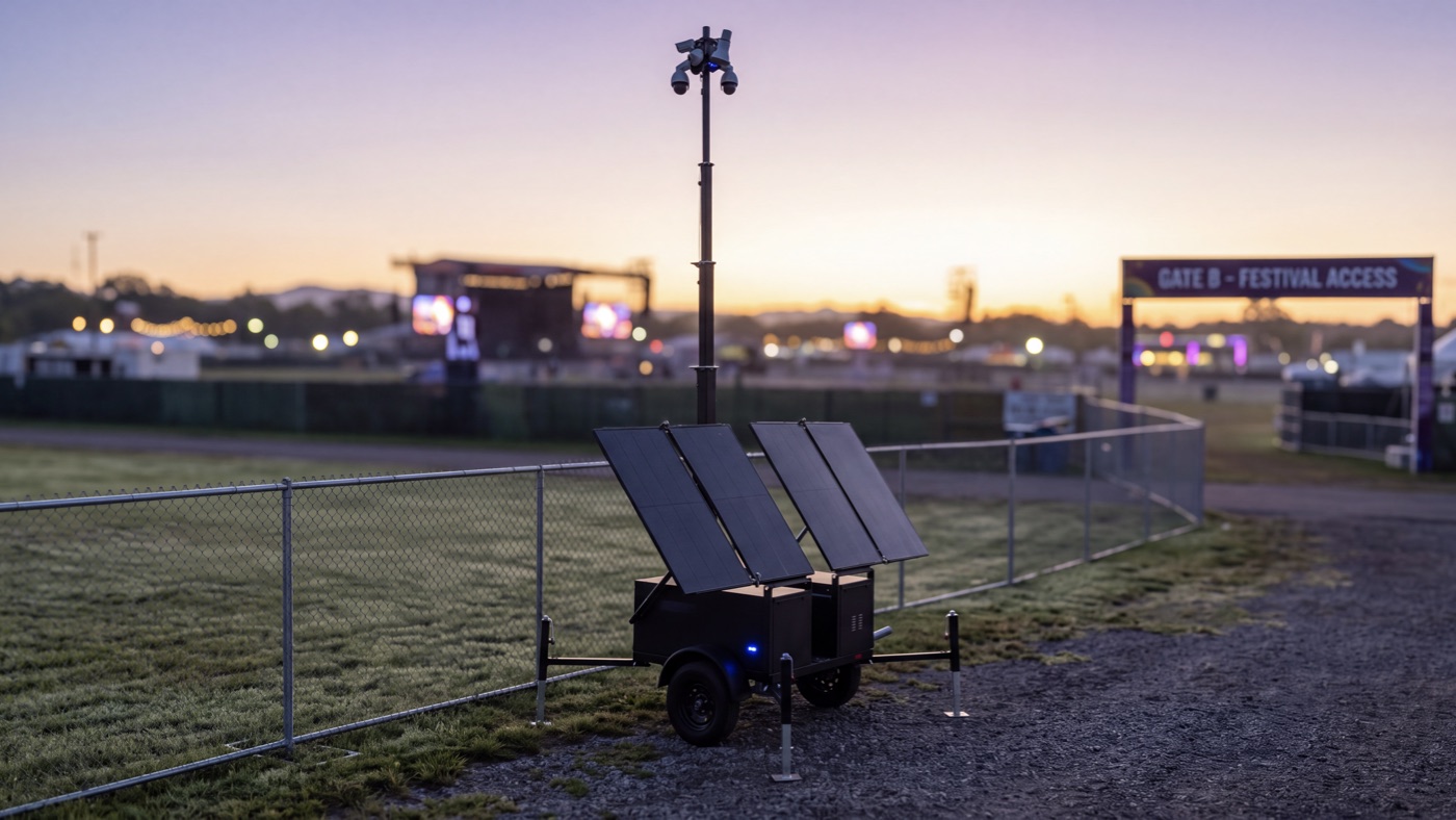 A unit on the fence line at a festival entrance at dusk, stage lighting behind.