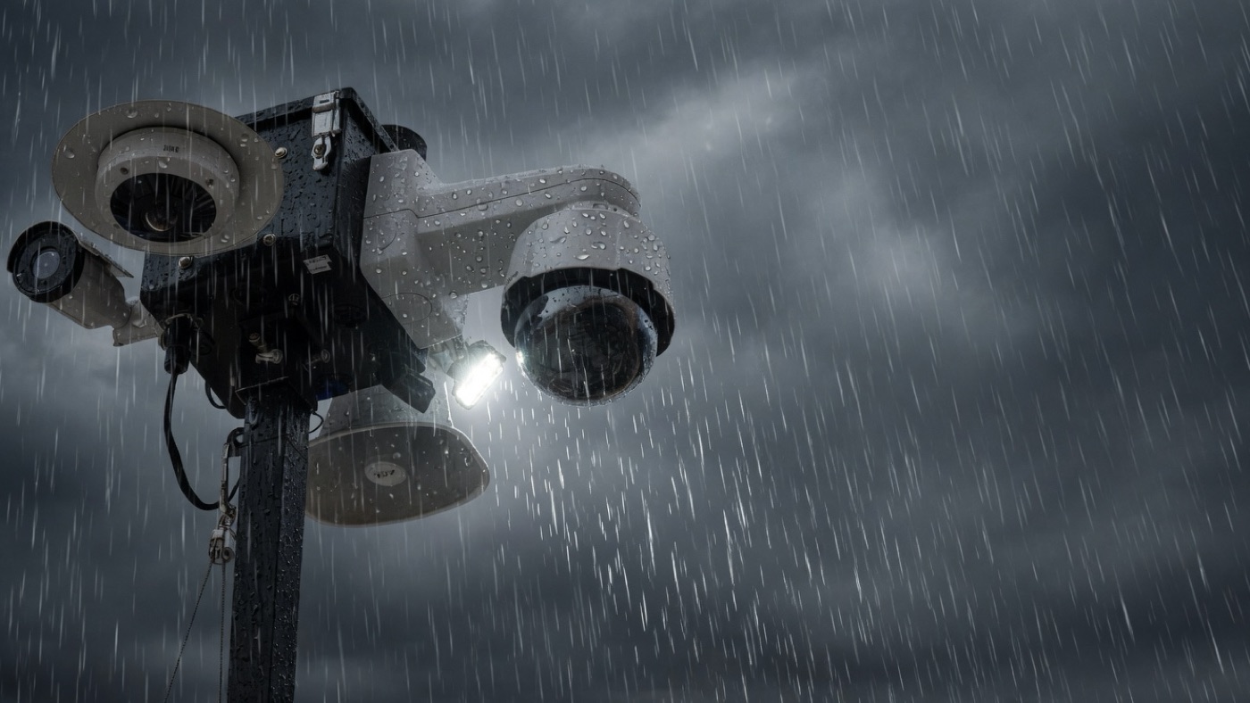 The camera head working through heavy rain at night, its floodlight cutting the downpour.