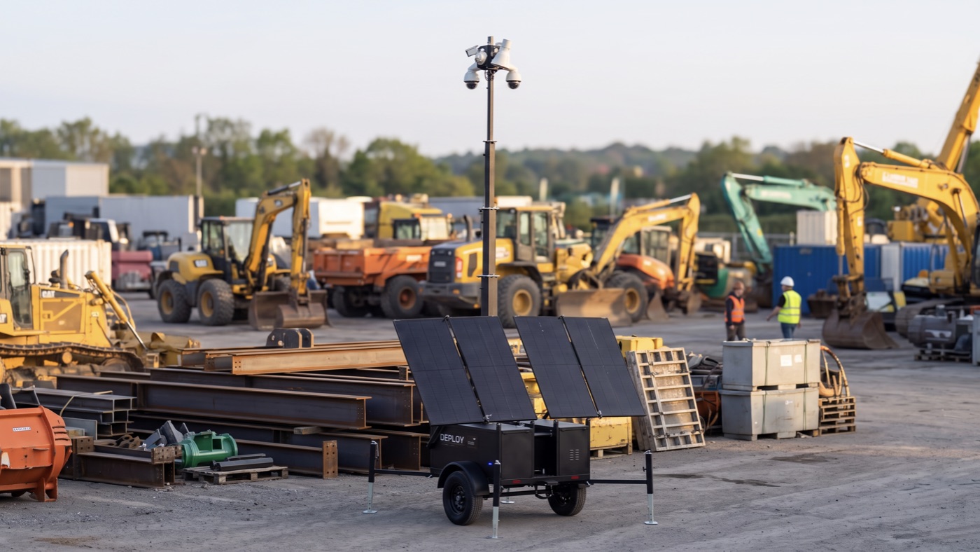 A unit among steel stock and heavy plant in an industrial yard at dusk.