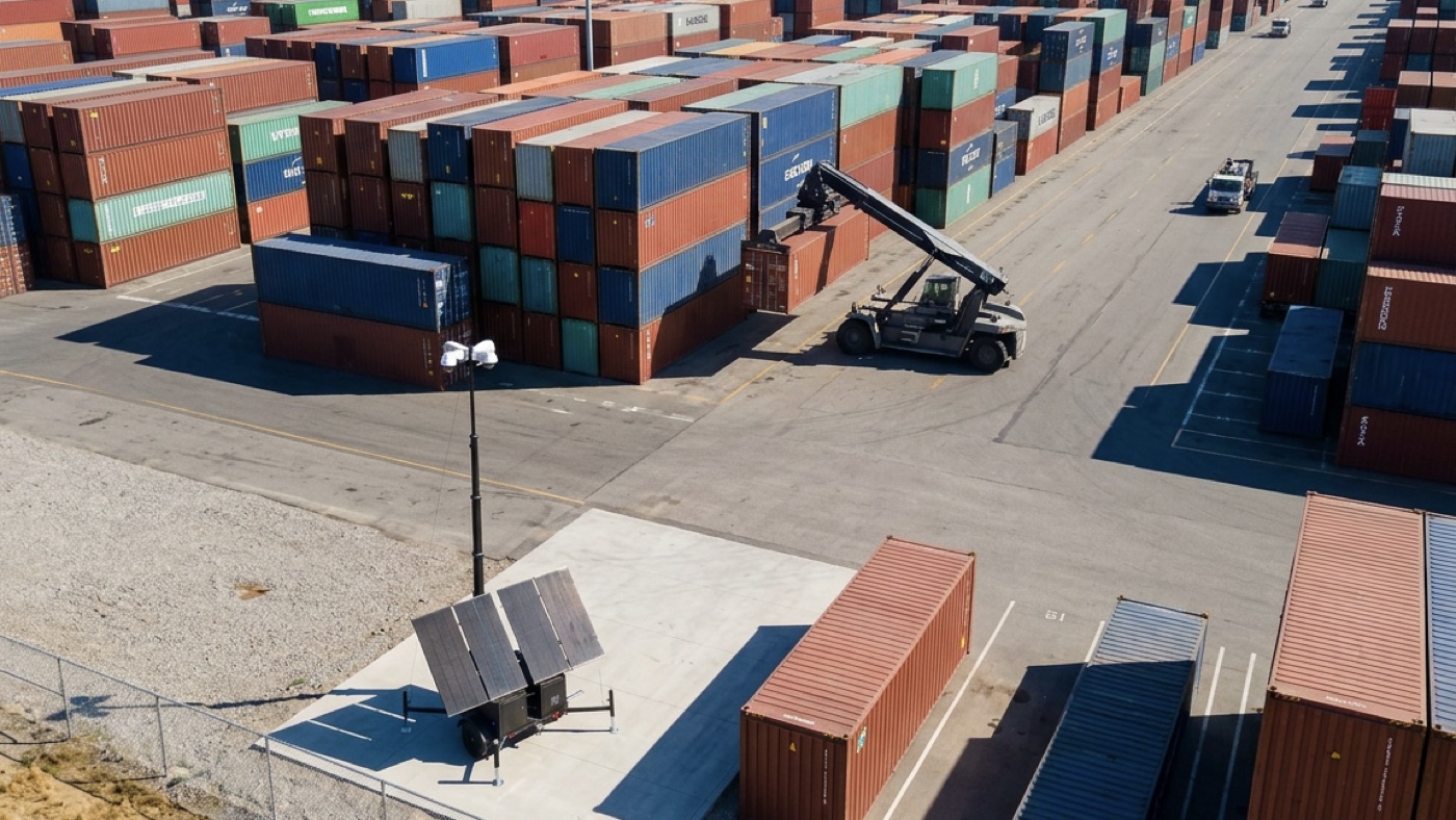 A unit overlooking a container terminal, stacked containers and a reach stacker beyond.
