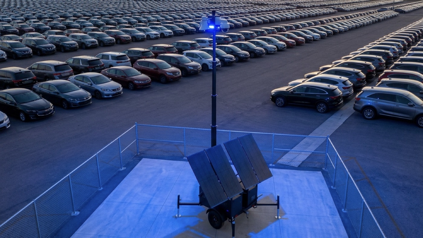 A unit lighting a fenced vehicle compound at night, rows of cars under its blue strobe.