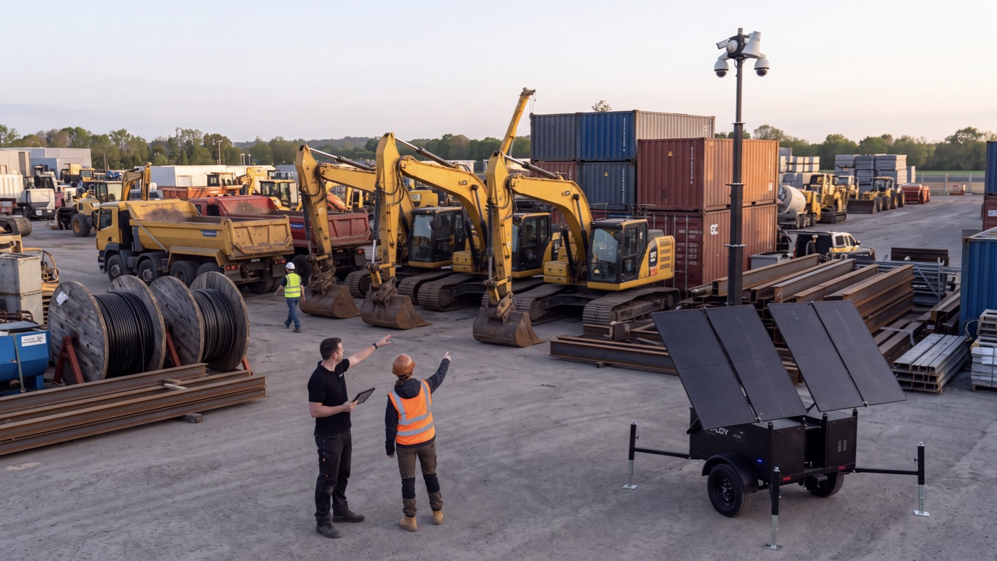 Two people talking beside a unit at a plant yard, excavators and cable drums behind them.