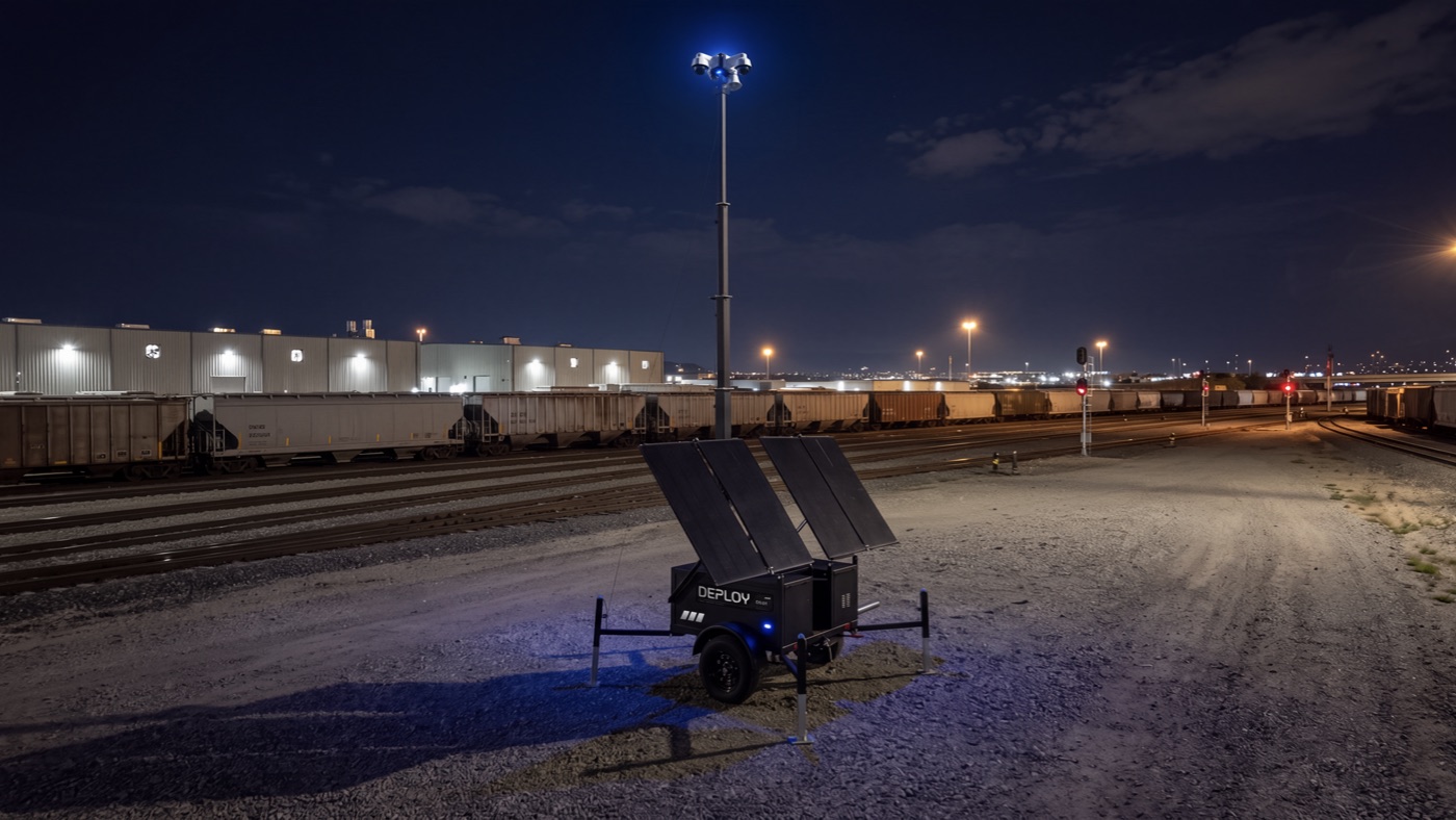 A unit on gravel at a rail terminal after dark, blue strobe lit, tank cars behind.