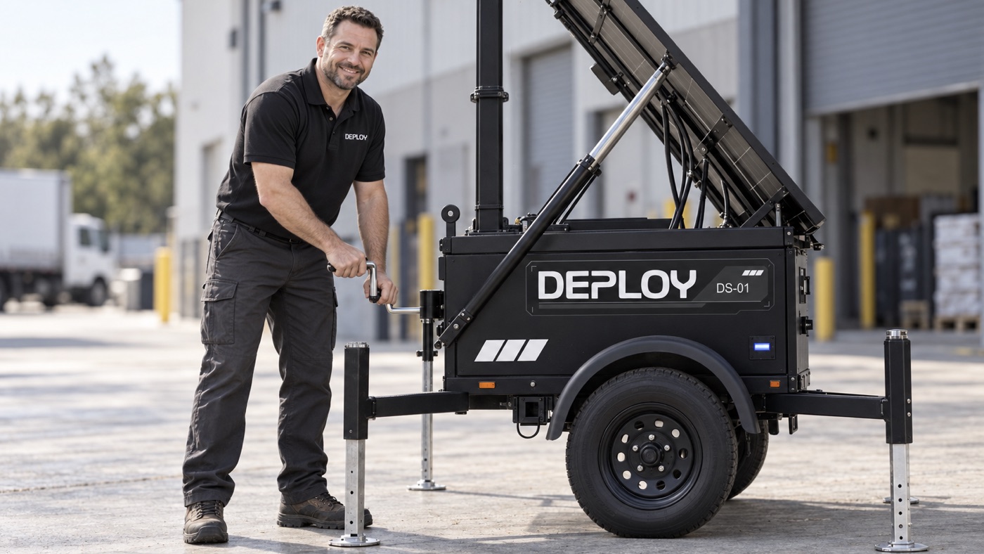 A Deploy technician with a hand on the trailer's jack, ready to move the unit.