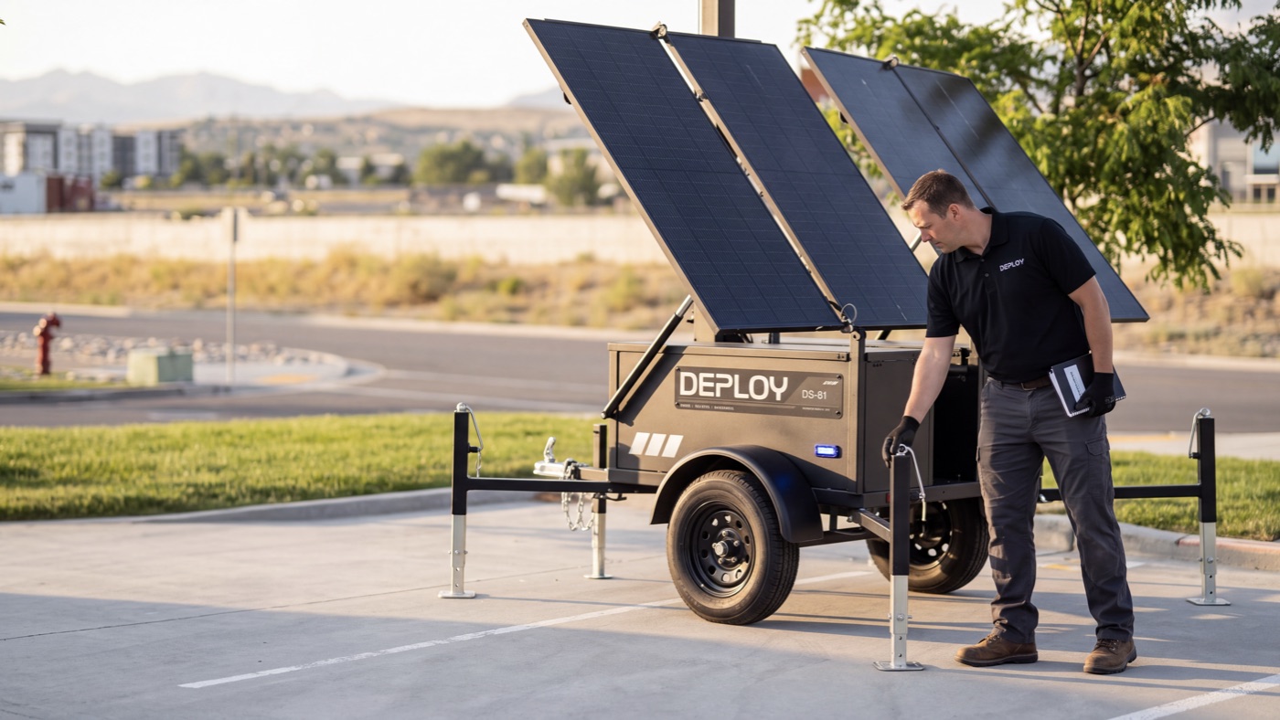 A technician levelling the trailer's stabiliser leg during setup.